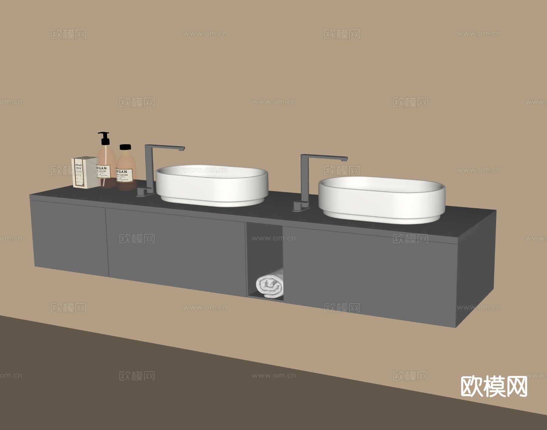 现代悬空卫浴柜 浴室柜 双台盆 洗手台su模型