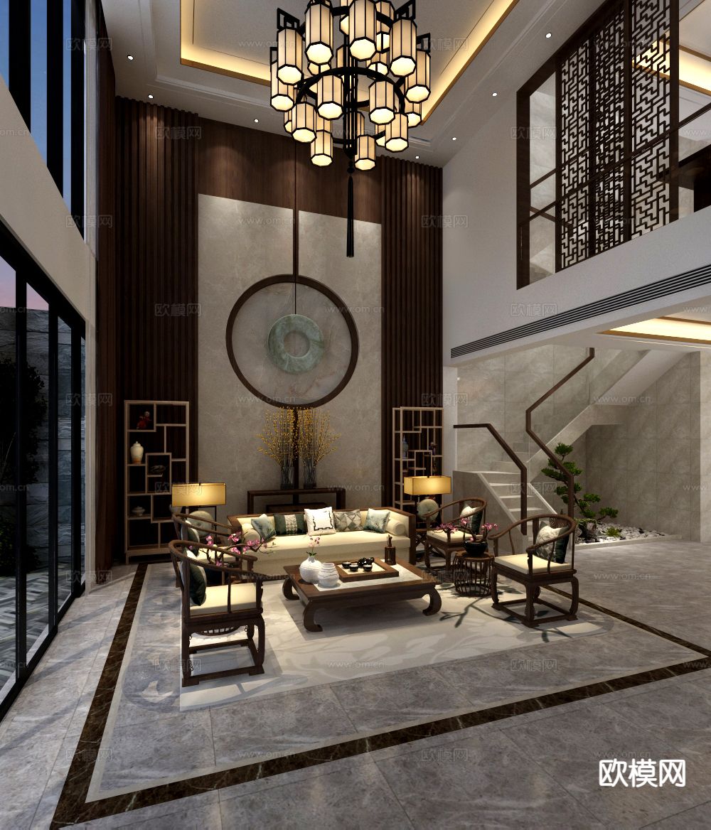 中式别墅客厅3d模型下载（渲染图2）