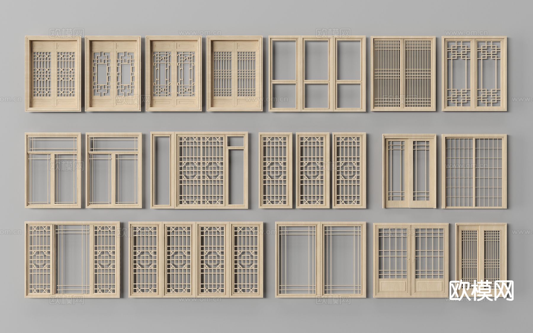 中式推拉门 格栅门 木门su模型