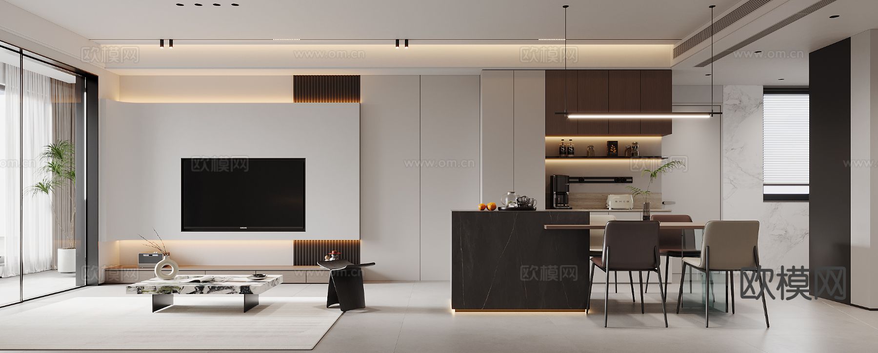 奶油风客餐厅3d模型下载（渲染图2）