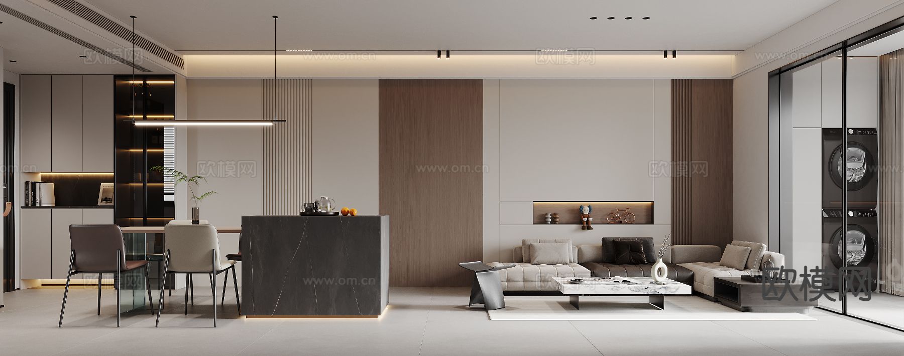 奶油风客餐厅3d模型下载（渲染图1）