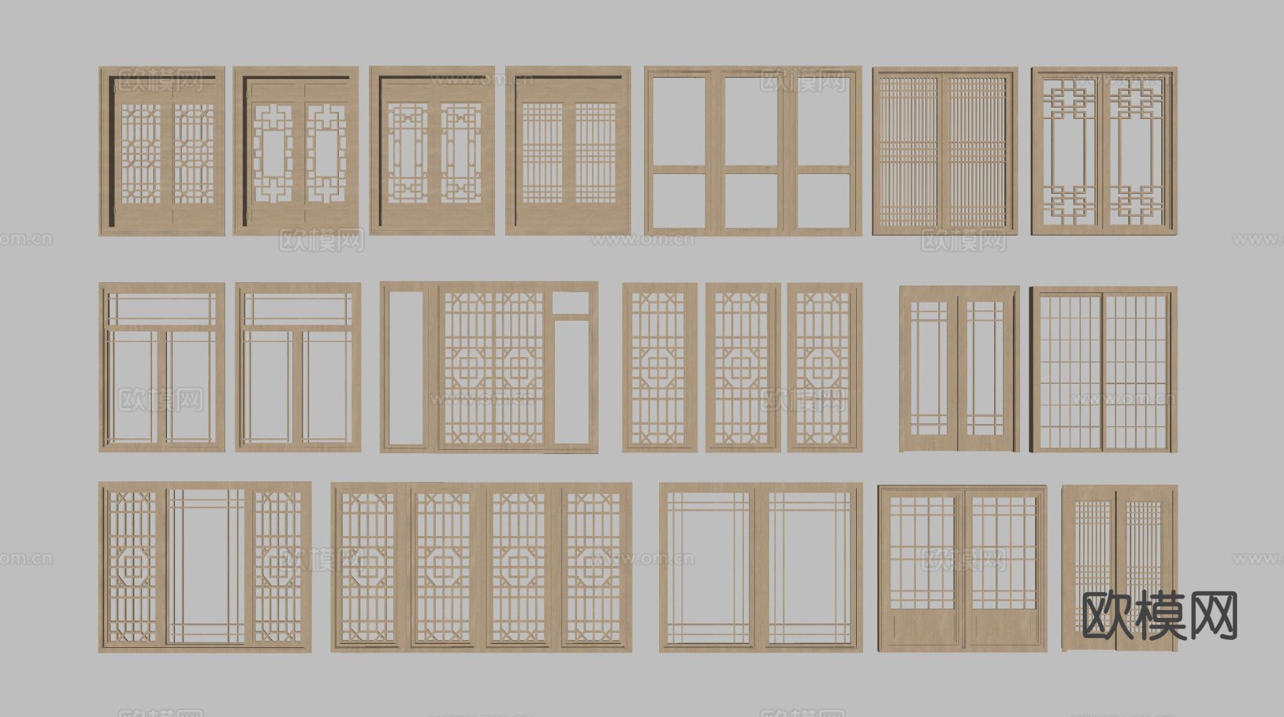 中式推拉门 格栅门 木门su模型