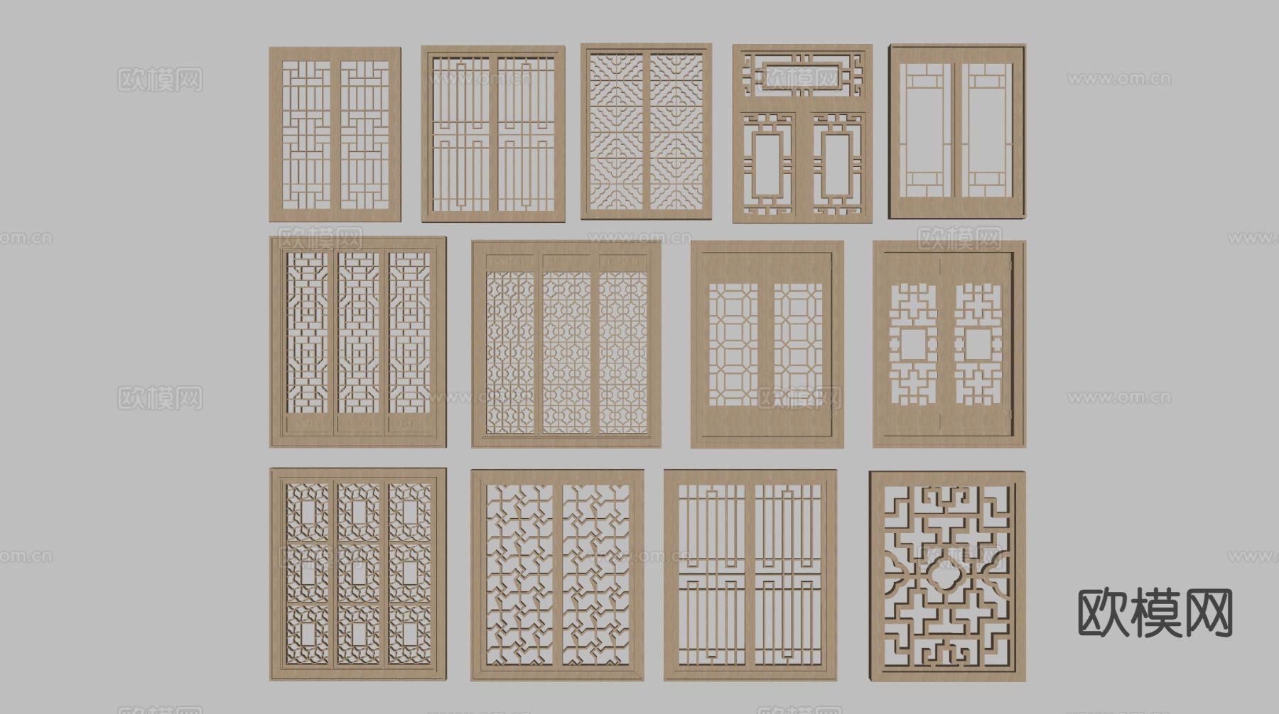 中式推拉门 格栅门 木门su模型