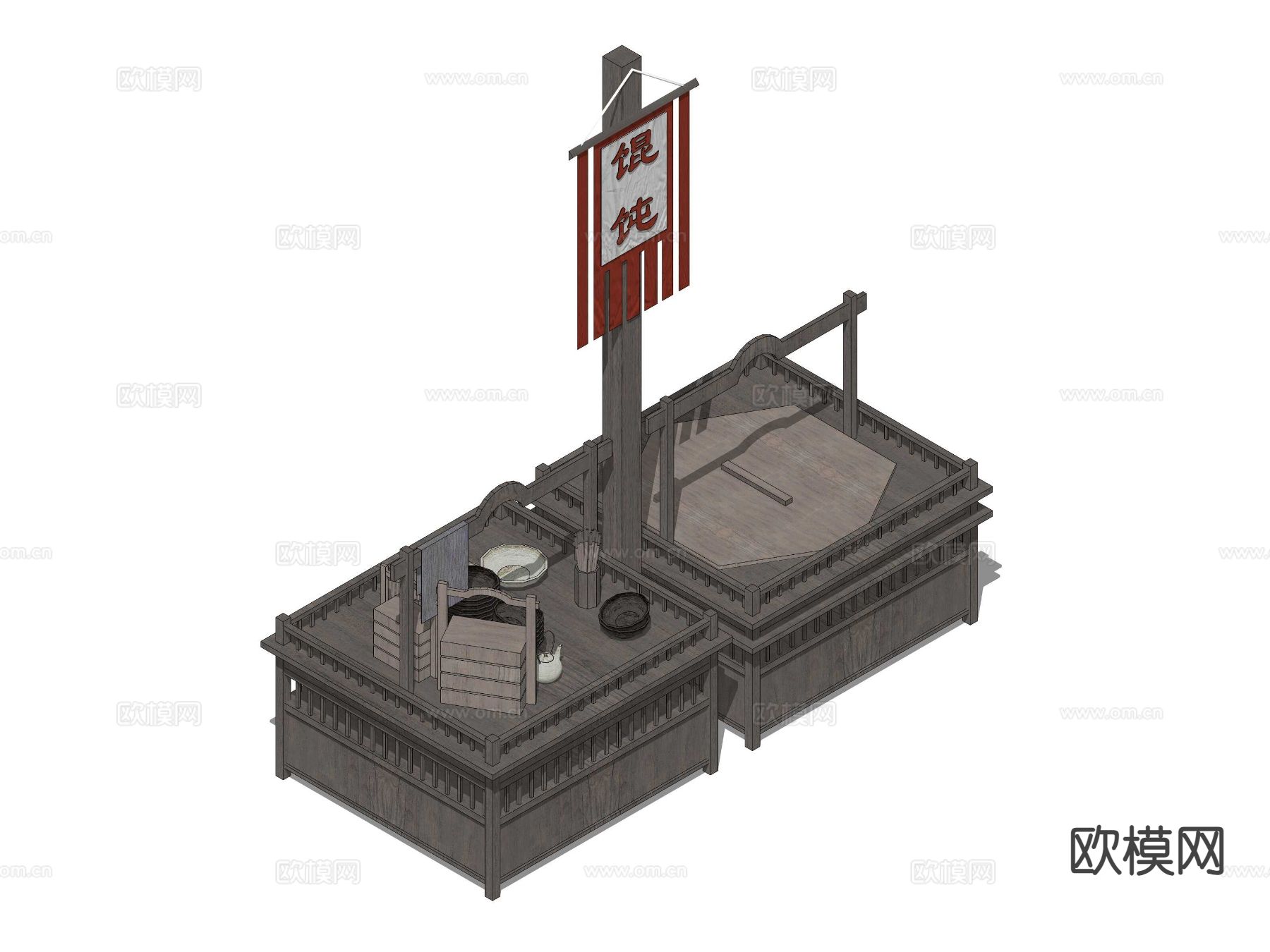 中式馄饨地摊 集市馄饨摊su模型下载（渲染图1）