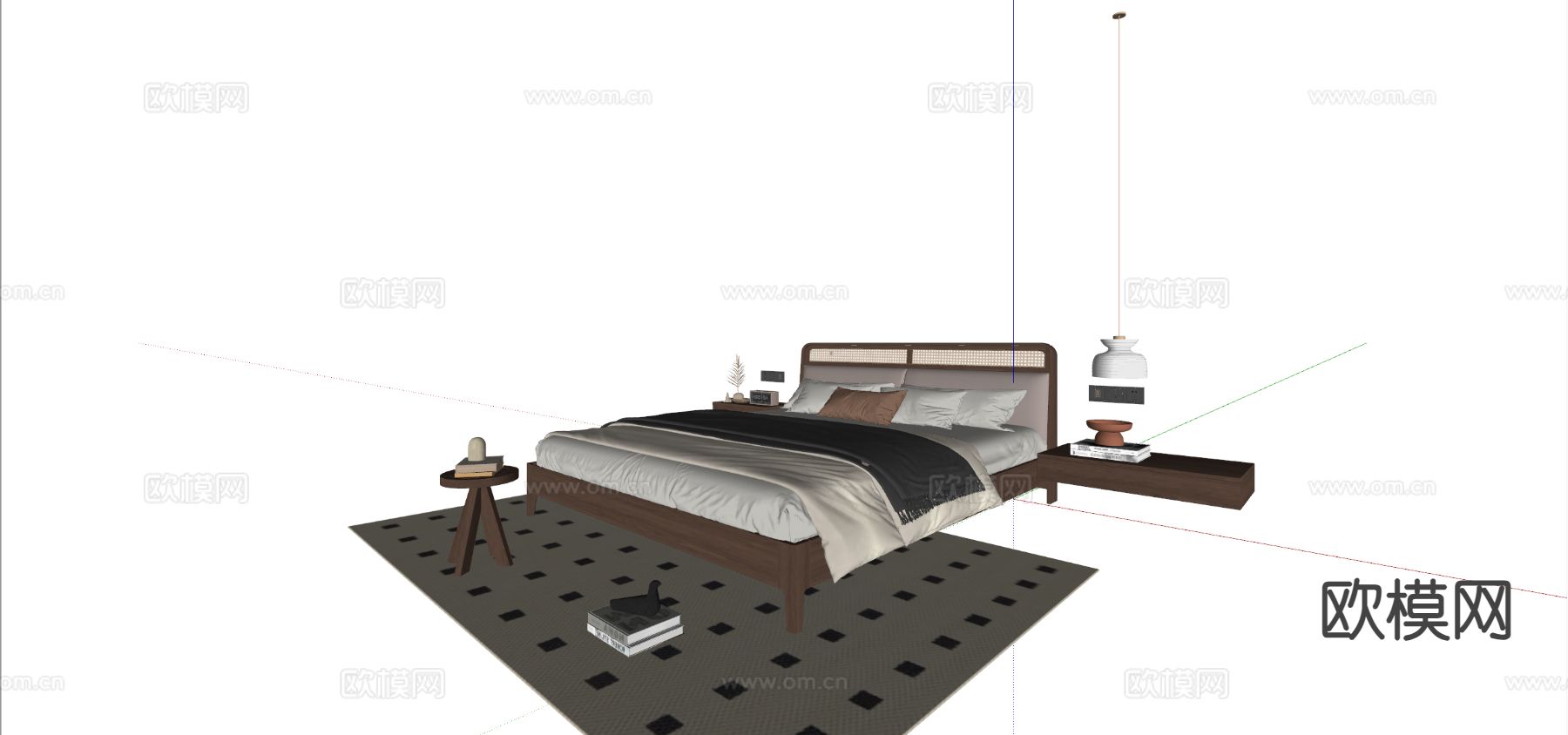 中古风双人床su模型下载（渲染图1）