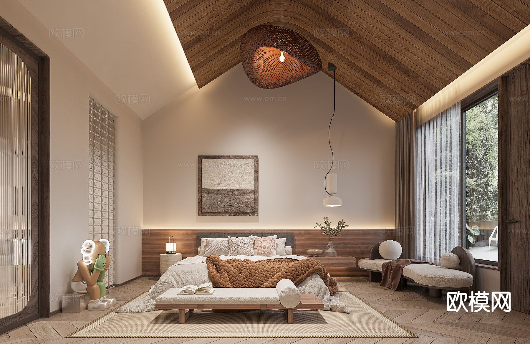 侘寂风民宿 卧室 大床房3d模型下载