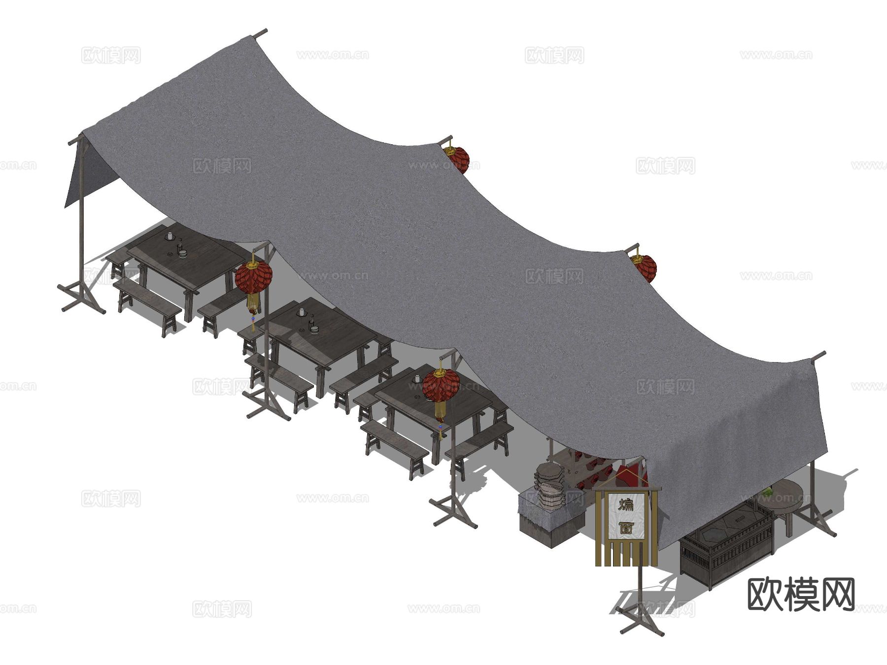 古代面食摊位 集市摊位su模型
