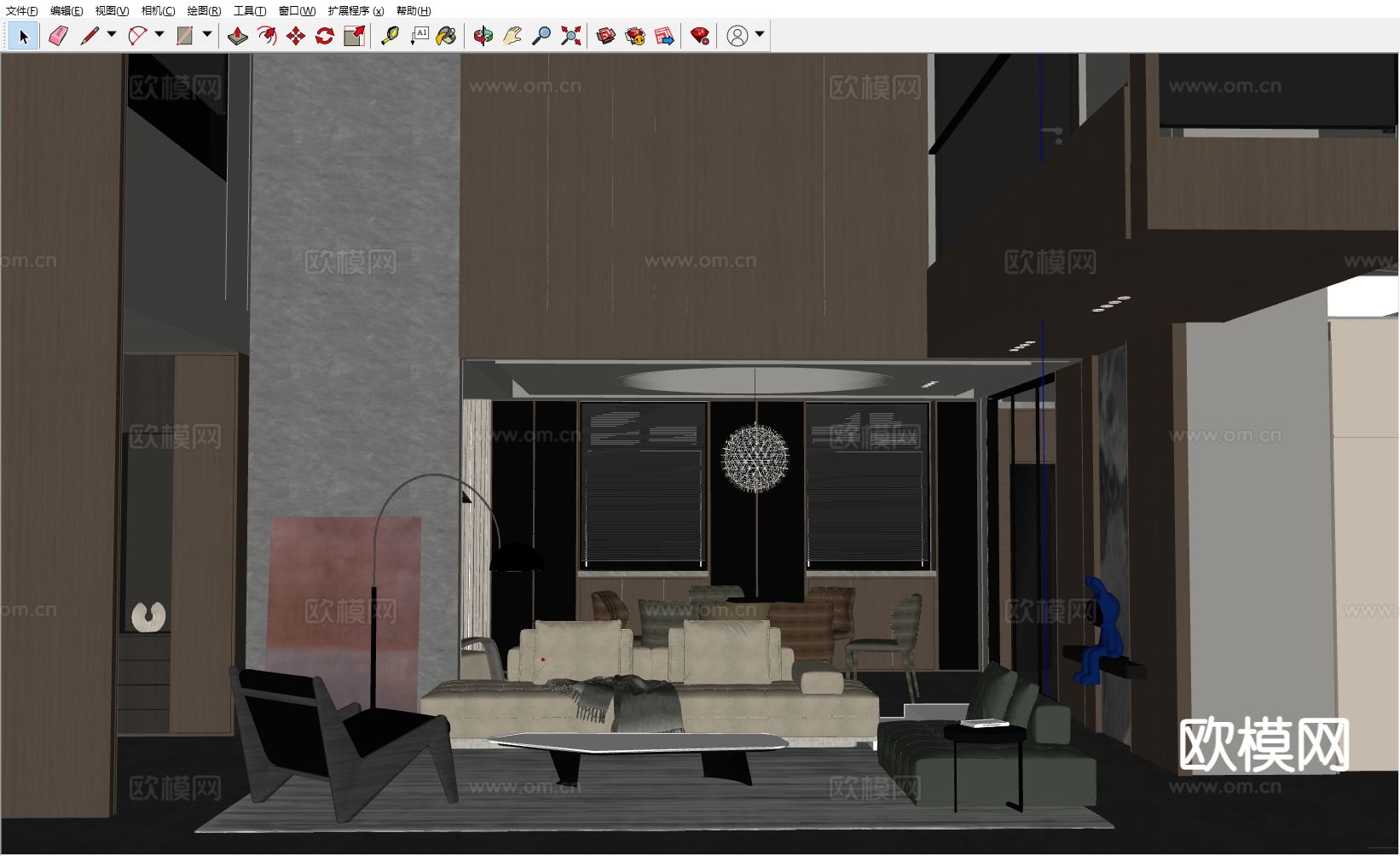 现代挑空客餐厅su模型下载（渲染图1）