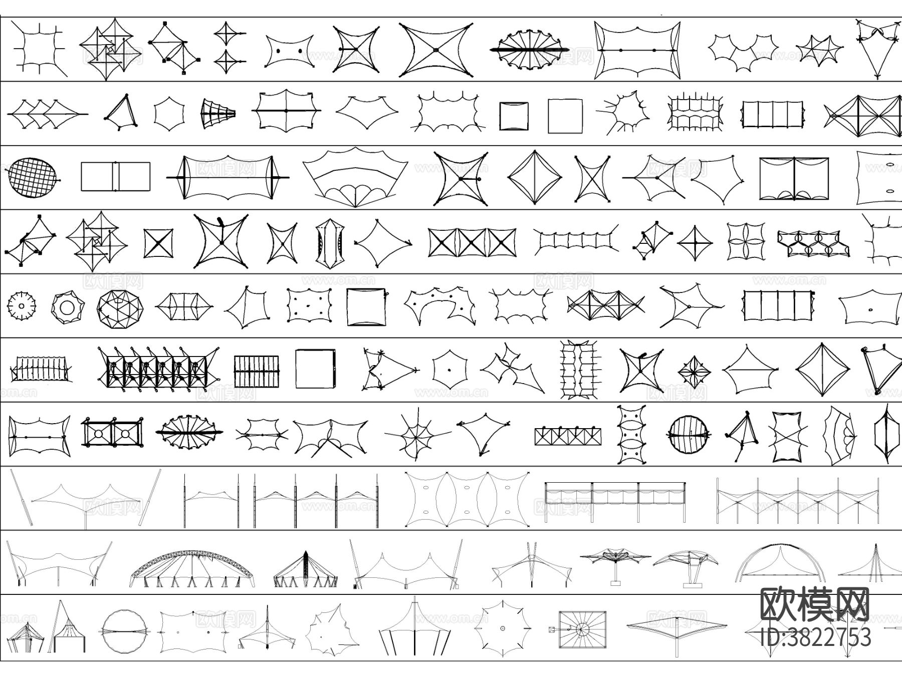 2025年最新超全露营帐篷张拉膜 遮阳棚 停车棚CAD图库下载（渲染图6）