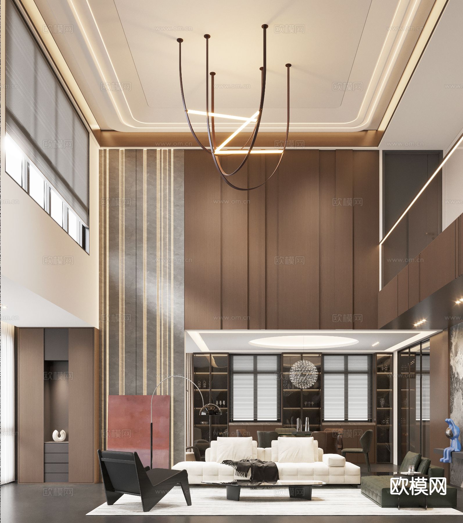 现代挑空客餐厅su模型下载（渲染图2）