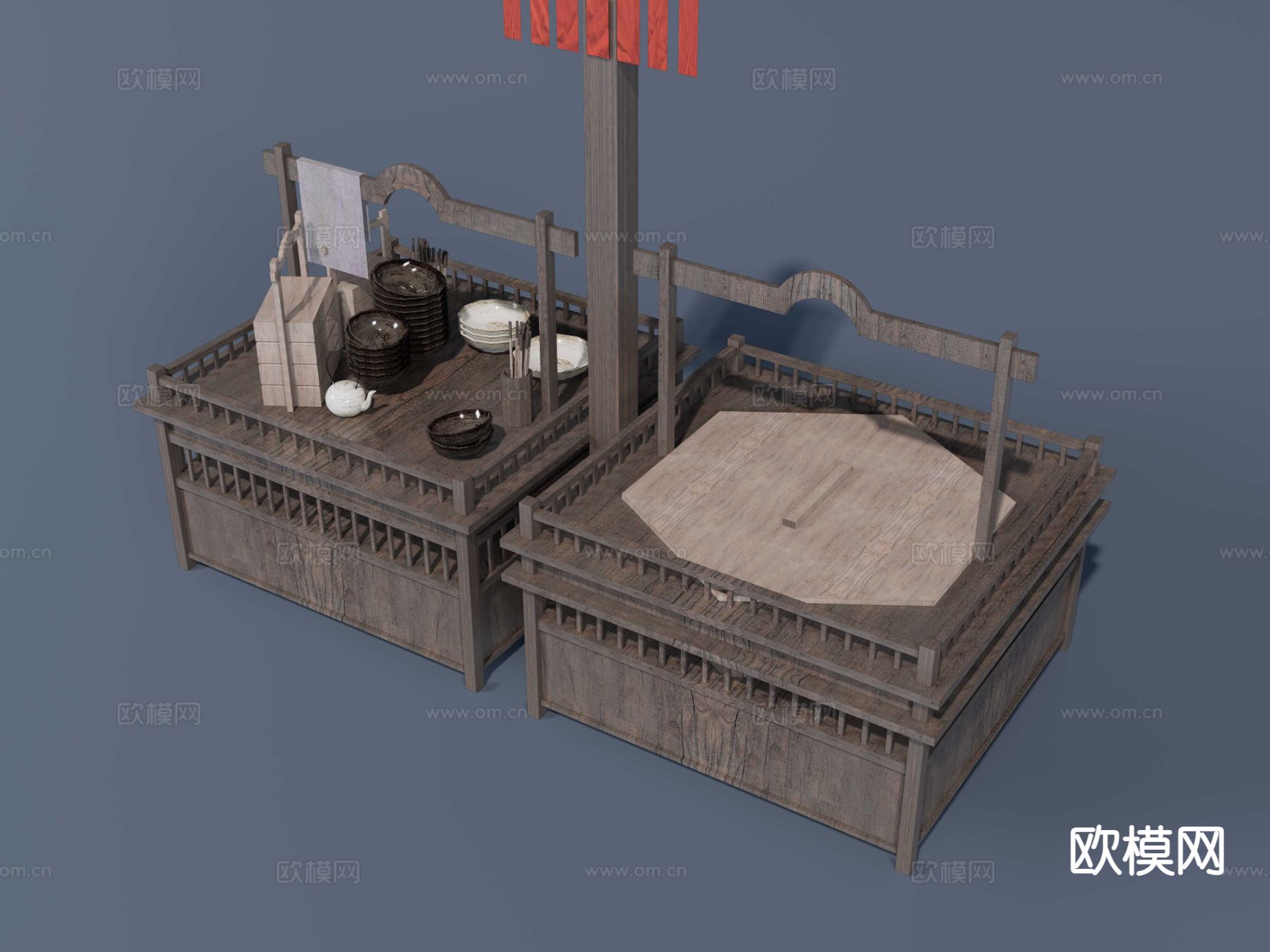 中式馄饨地摊 集市馄饨摊su模型下载（渲染图3）