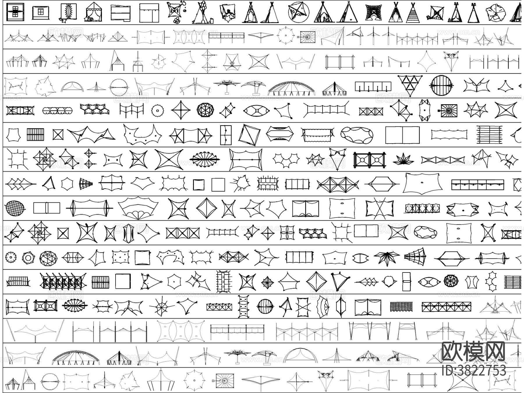 2025年最新超全露营帐篷张拉膜 遮阳棚 停车棚CAD图库下载（渲染图7）