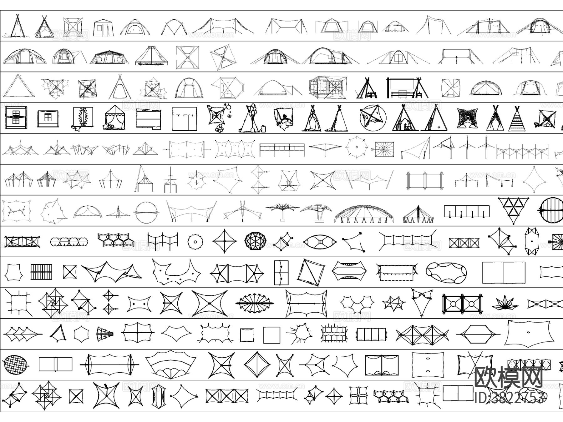 2025年最新超全露营帐篷张拉膜 遮阳棚 停车棚CAD图库下载（渲染图3）