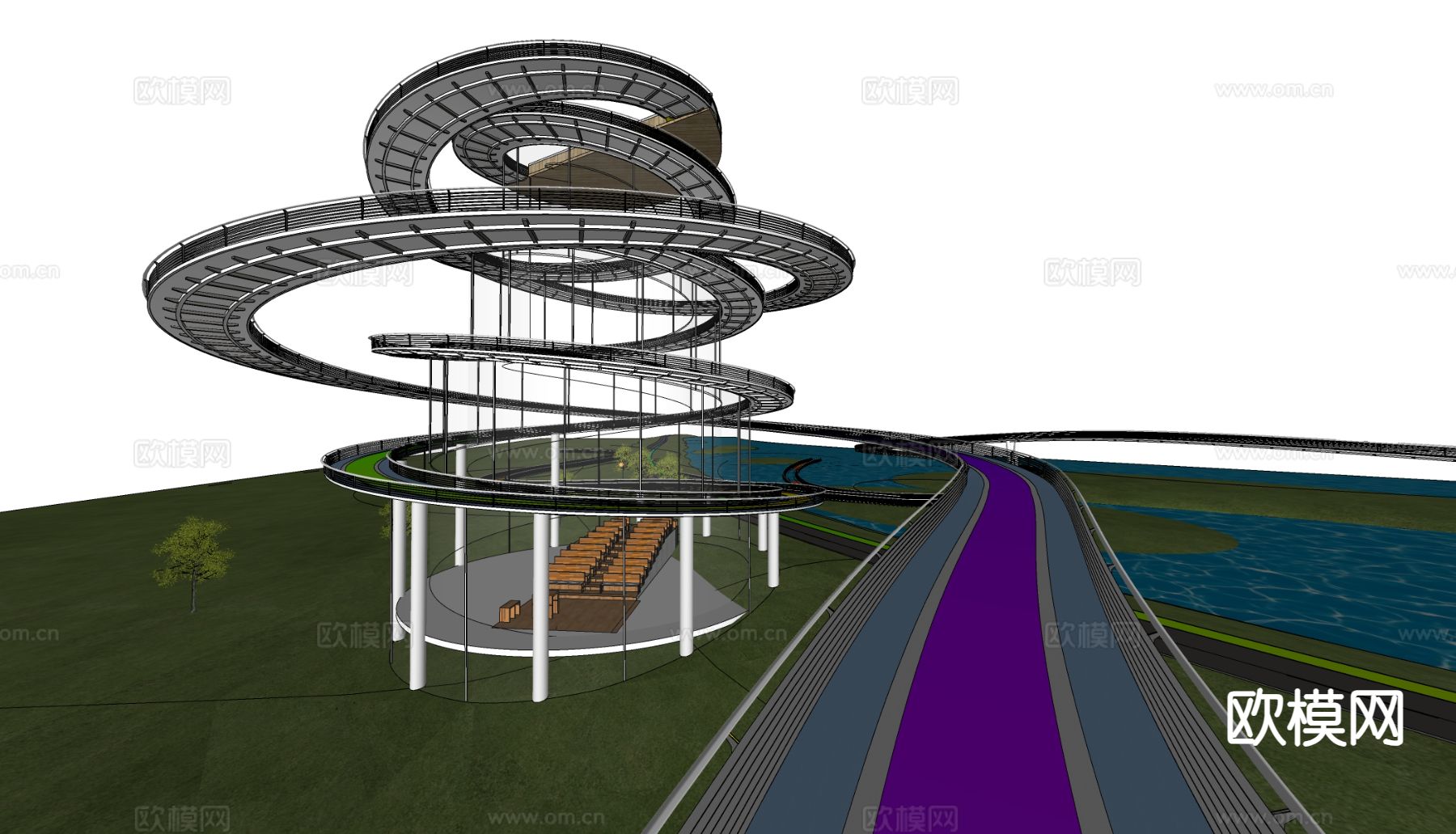 滨水景观 栈道景观台 廊架su模型