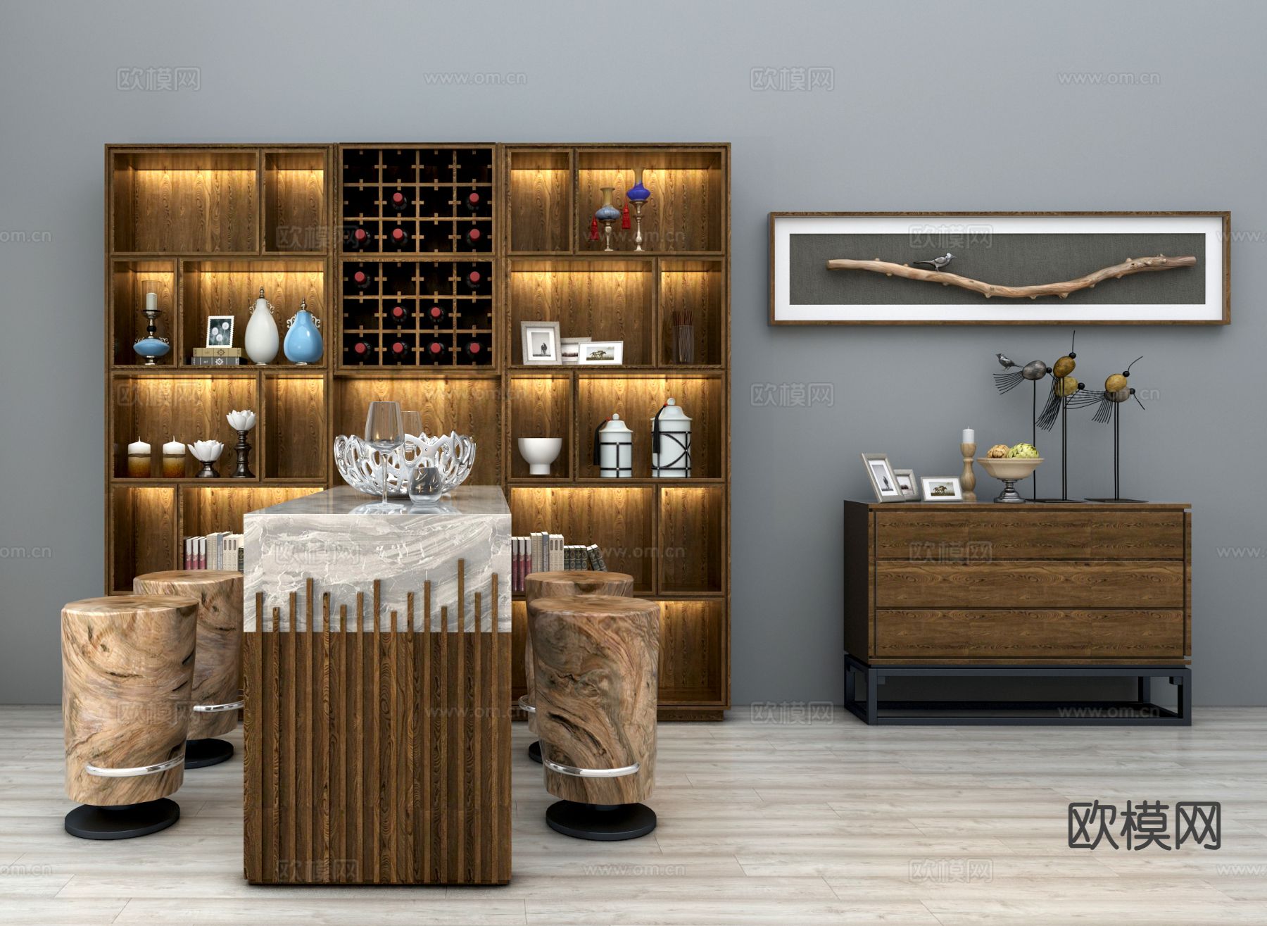 新中式吧台 吧椅3d模型下载