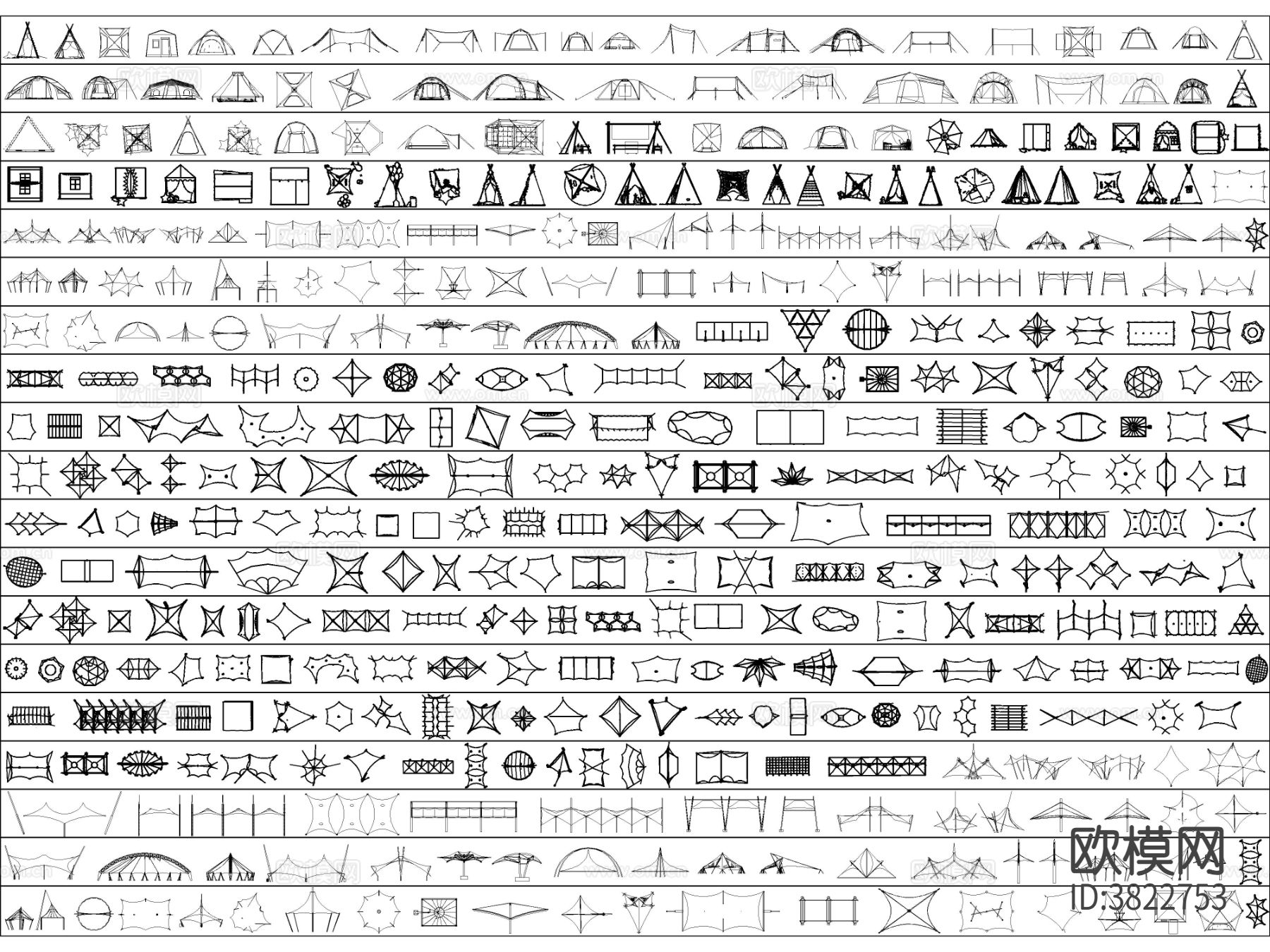 2025年最新超全露营帐篷张拉膜 遮阳棚 停车棚CAD图库下载（渲染图8）