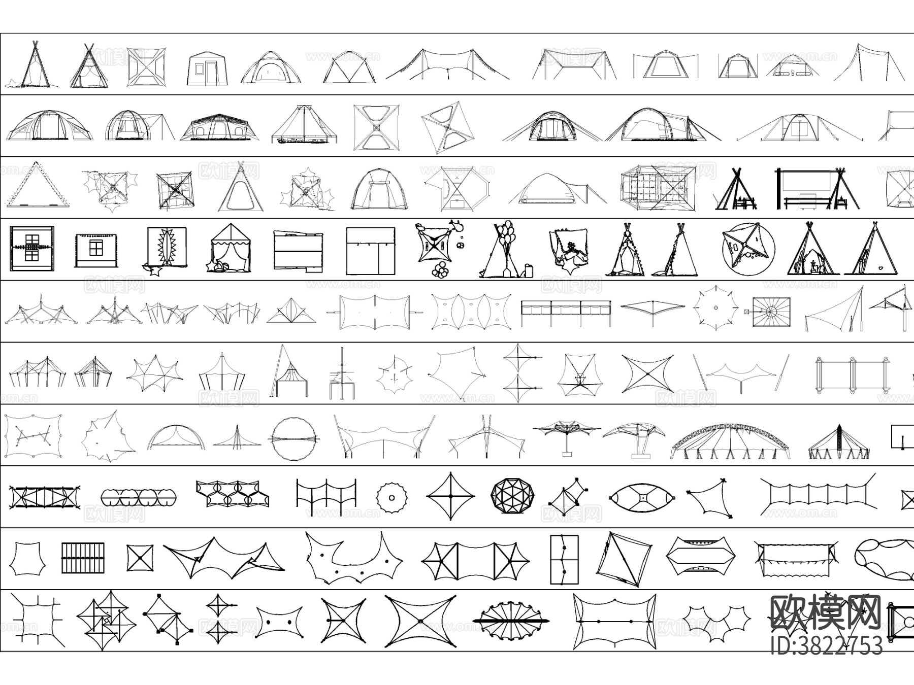2025年最新超全露营帐篷张拉膜 遮阳棚 停车棚CAD图库下载（渲染图5）