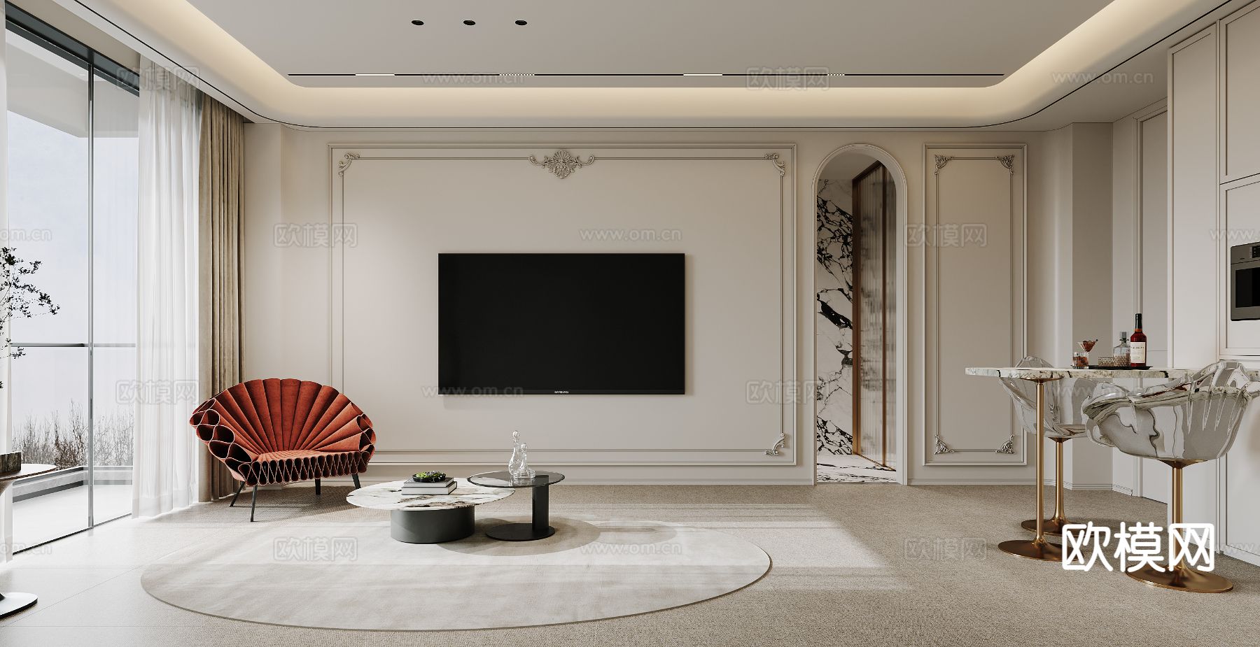 法式客餐厅3d模型下载（渲染图2）