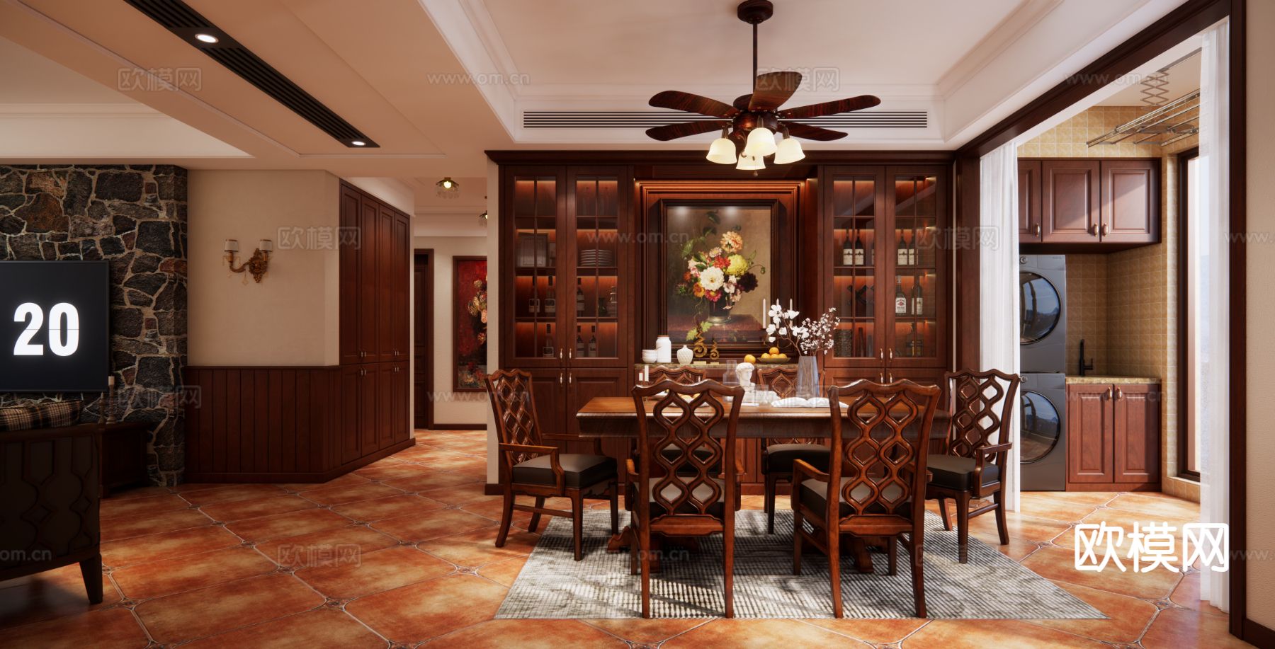 美式客餐厅su模型下载（渲染图2）