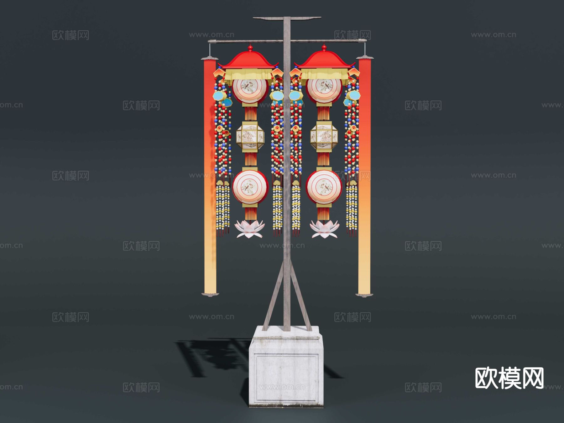 中式古代路灯 灯笼架 花灯su模型