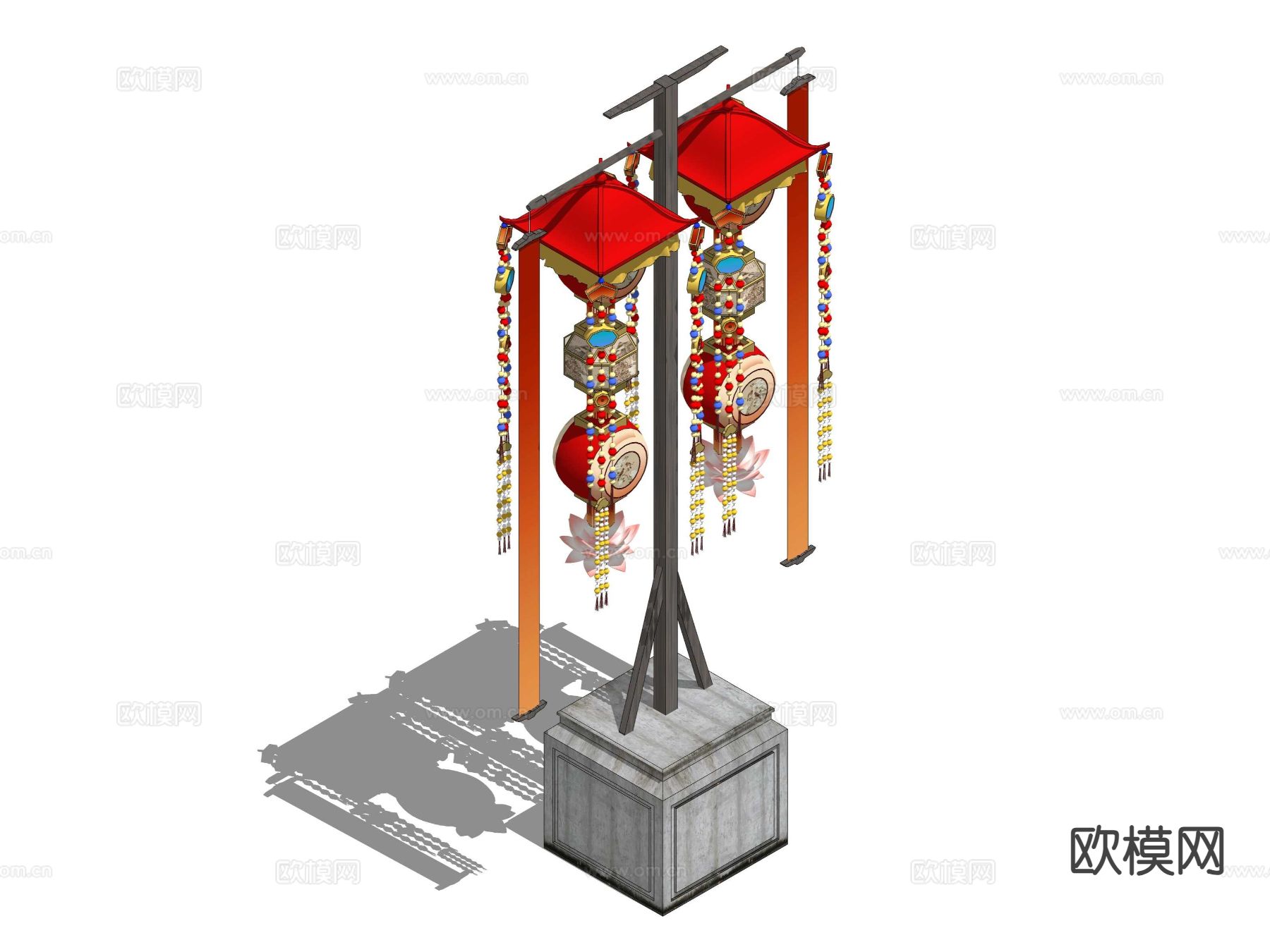 中式古代路灯 灯笼架 花灯su模型