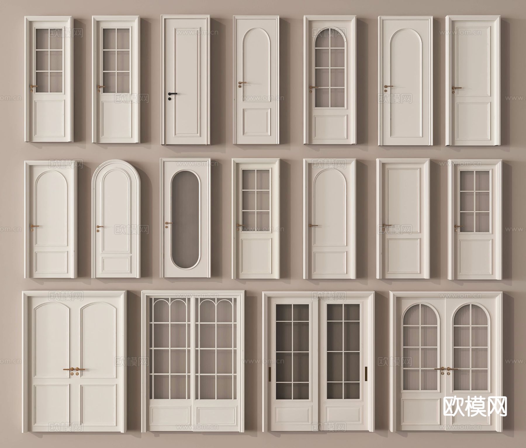 奶油风单开门 推拉门 双开门 厨卫门 玻璃门3d模型下载