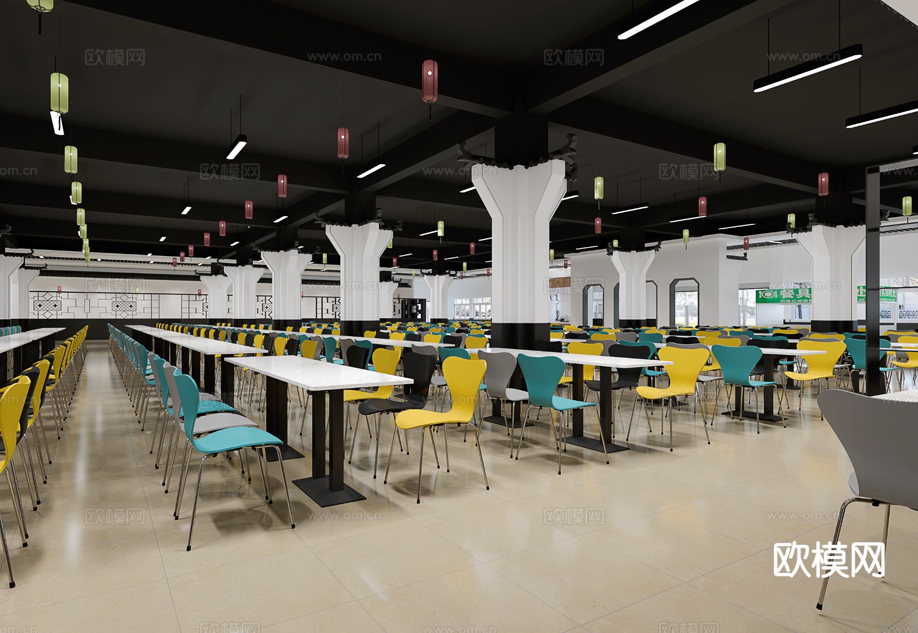 新中式工厂食堂 员工餐厅3d模型下载（渲染图1）
