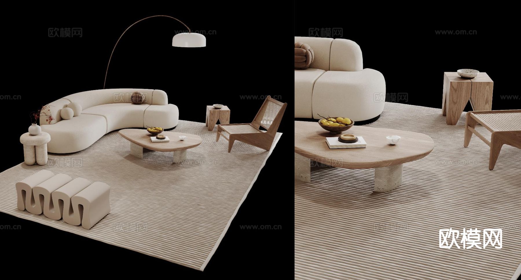 奶油风组合沙发3d模型下载（渲染图1）