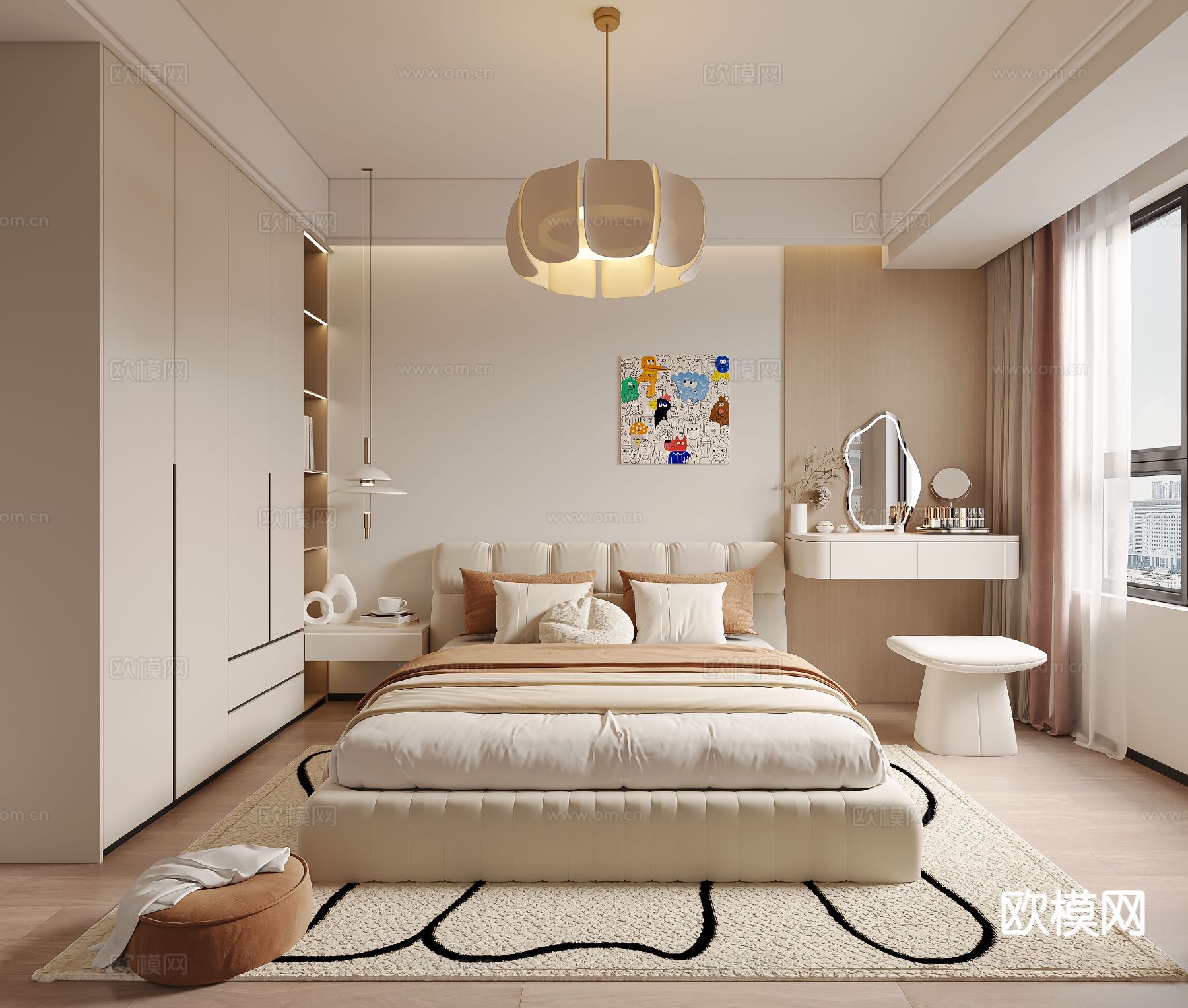 奶油风卧室 女孩房3d模型下载