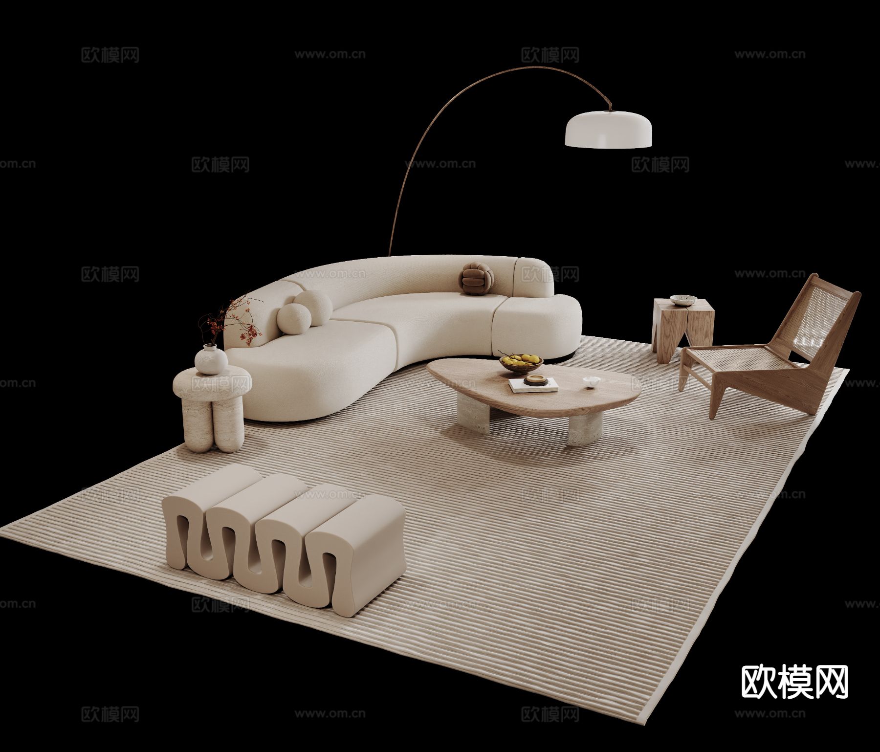 奶油风组合沙发3d模型下载（渲染图2）