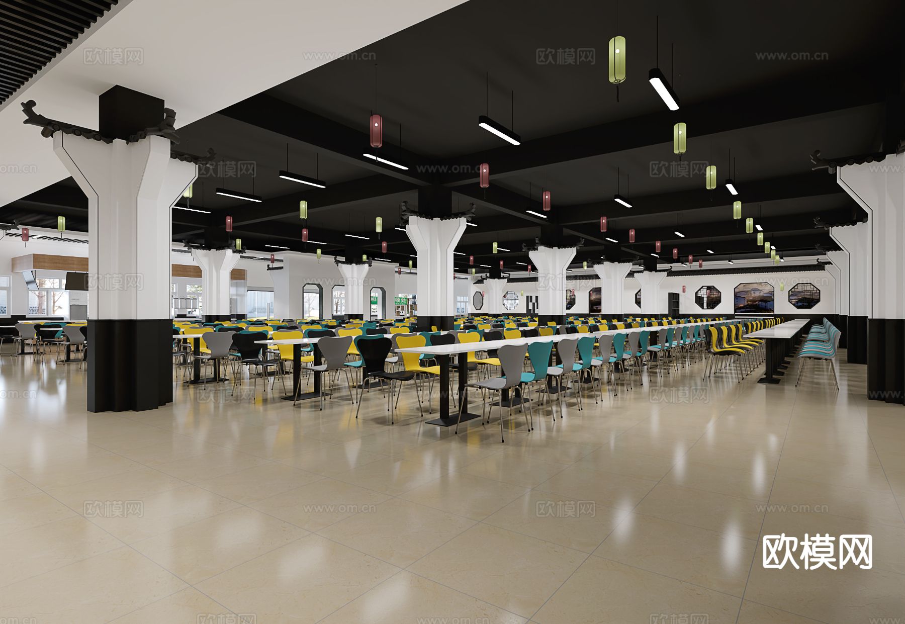 新中式工厂食堂 员工餐厅3d模型下载（渲染图2）