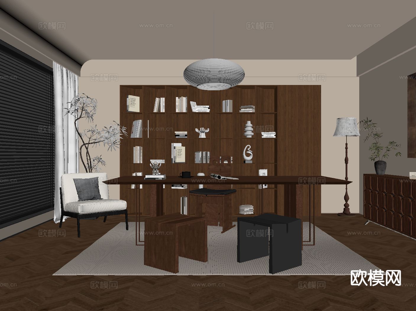 中古风书房su模型下载（渲染图1）