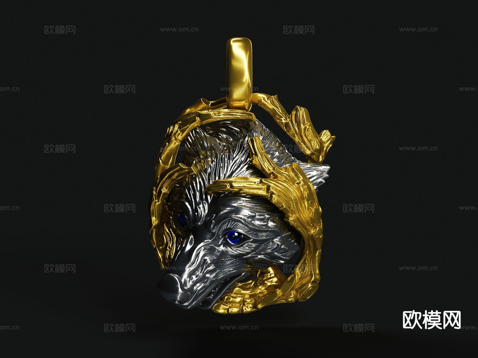 狼头项链 吊坠3d模型下载（渲染图1）