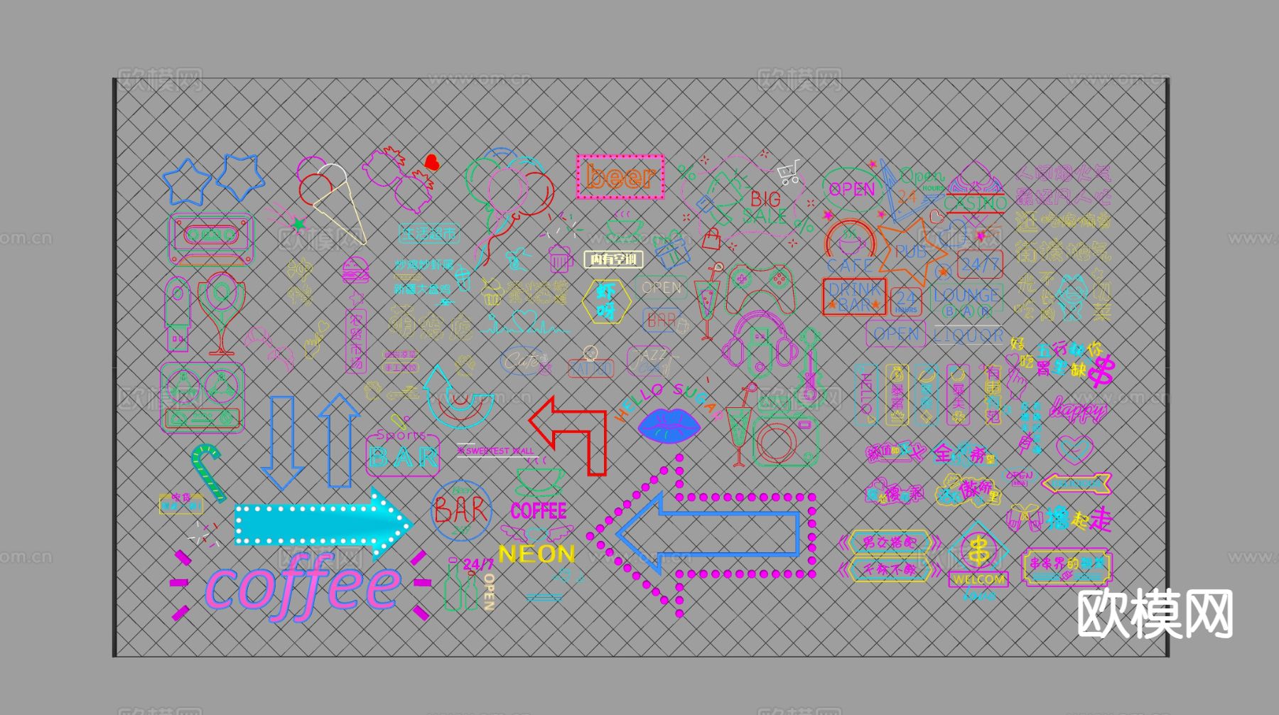 现代广告牌 霓虹灯 装饰灯su模型