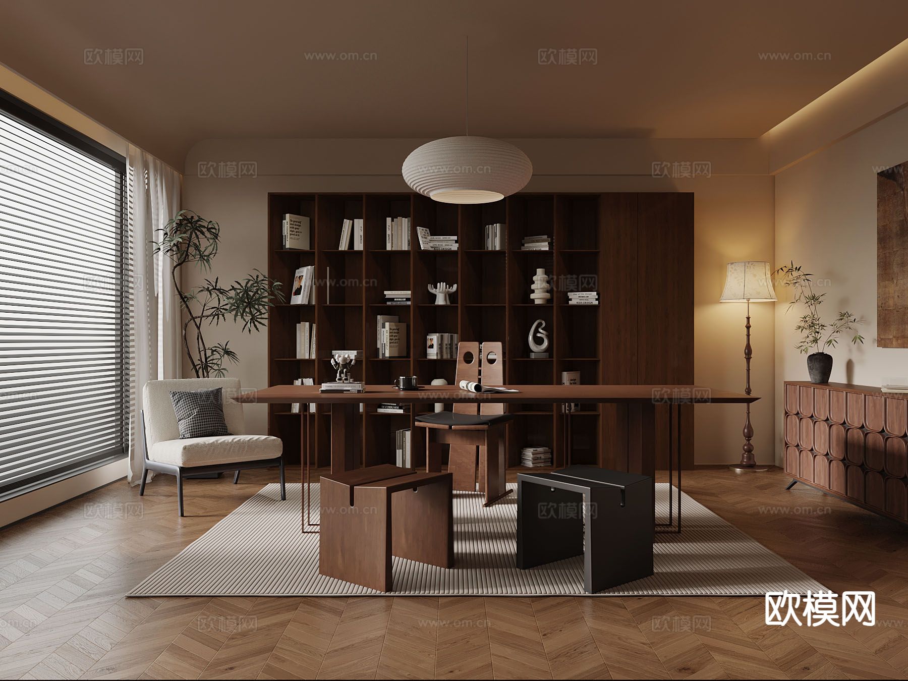 中古风书房su模型下载（渲染图2）