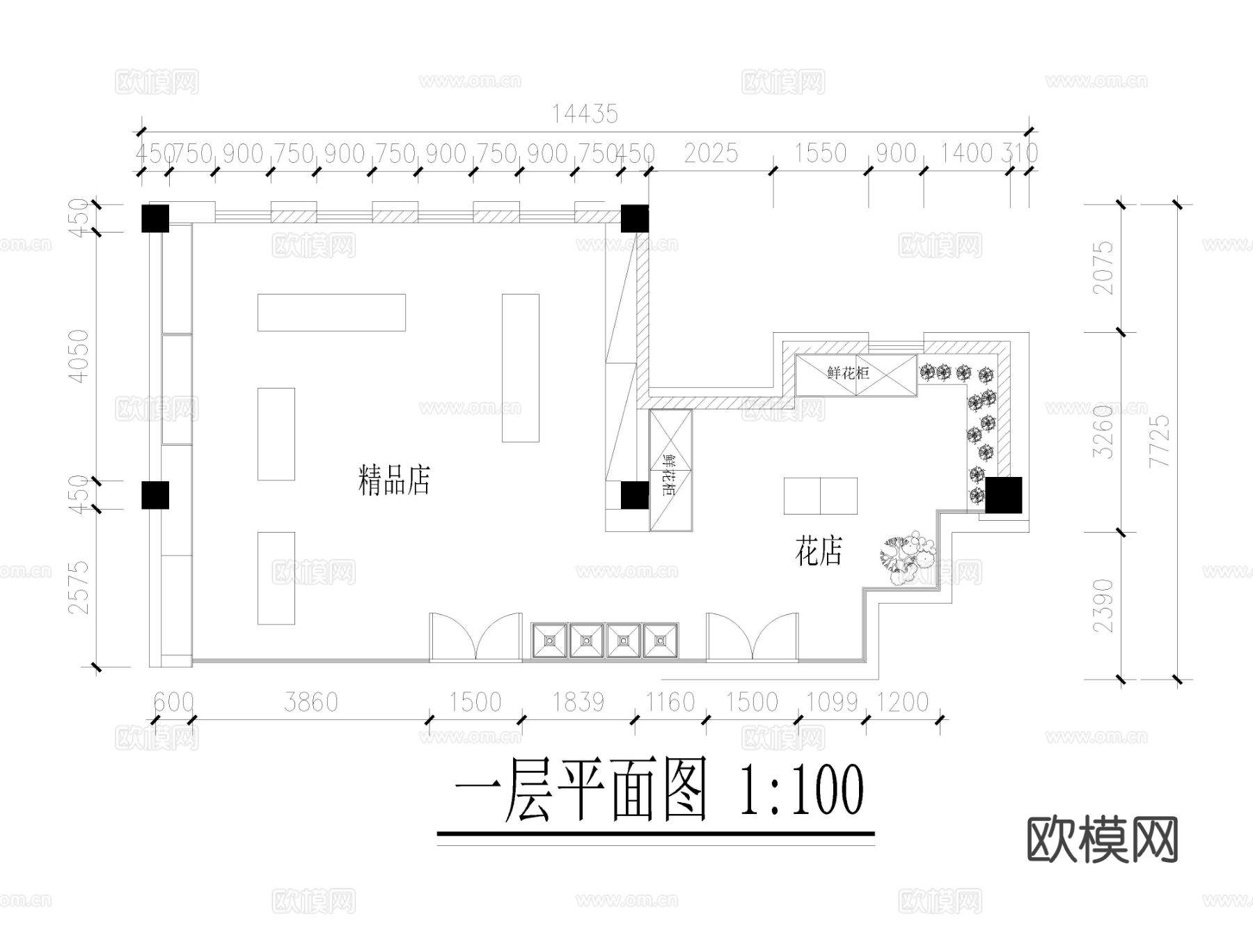 10套花店鲜花专卖店CAD平面布置图