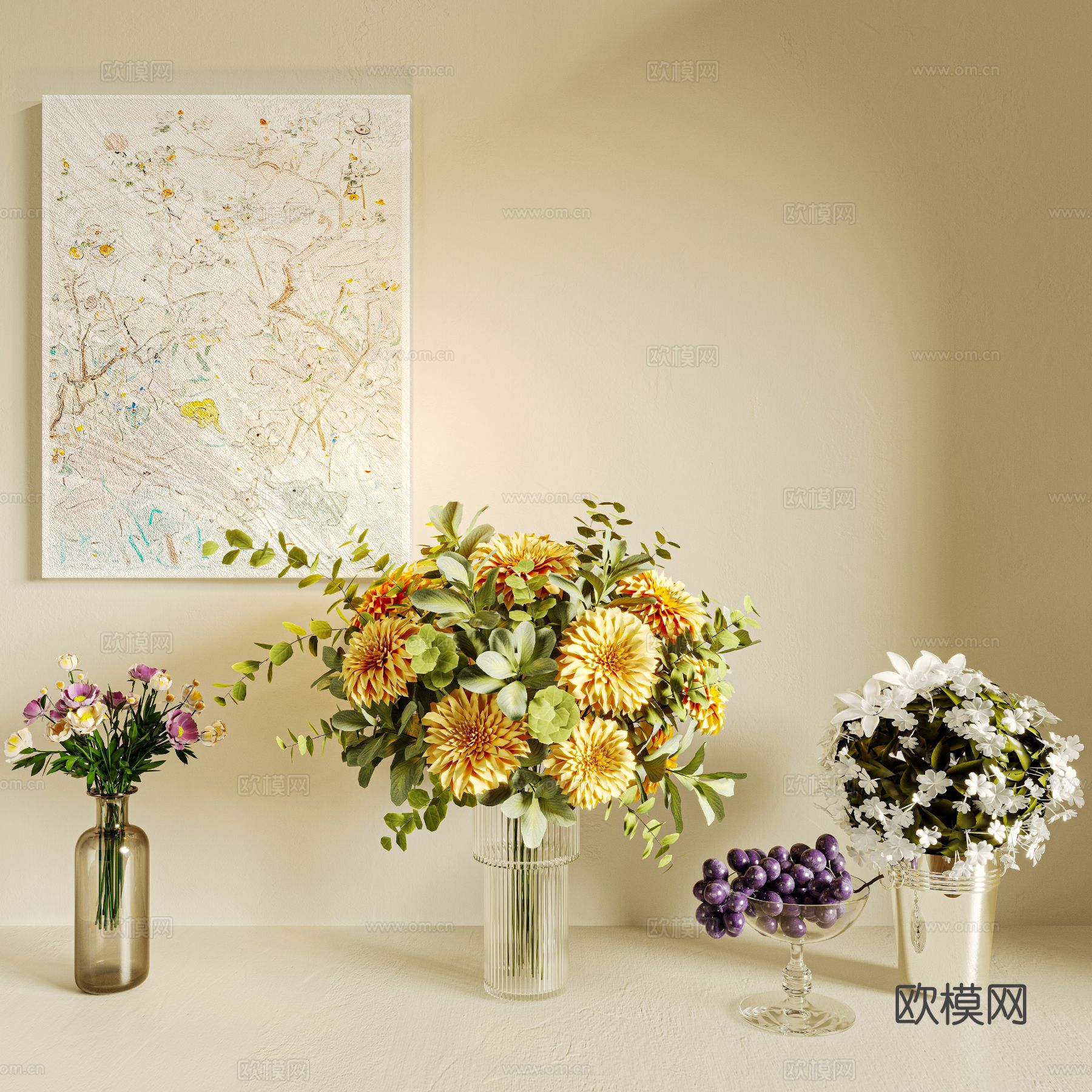 鲜花花瓶 葡萄果盘3d模型