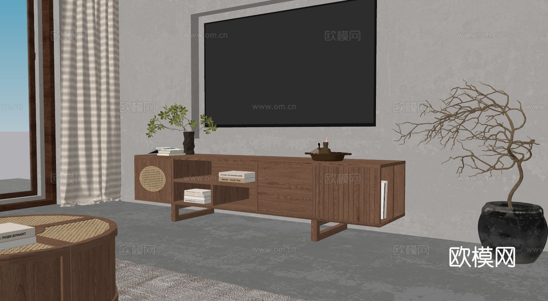 侘寂电视柜su模型下载（渲染图1）