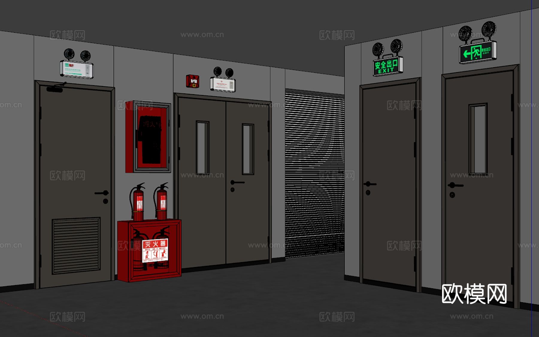 现代消防门 灭火器 安全出口 防火门 消防栓su模型