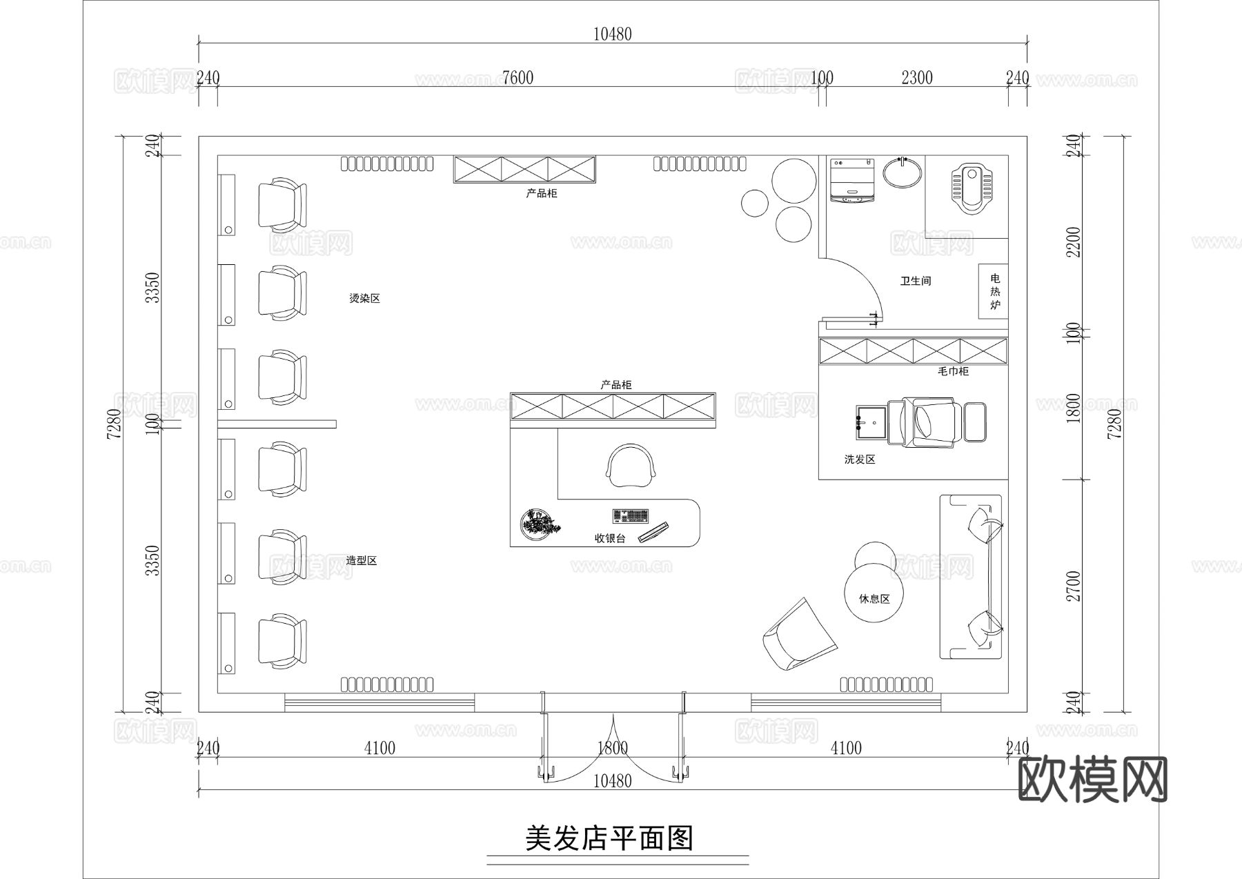 现代理发店 美发馆cad平面图