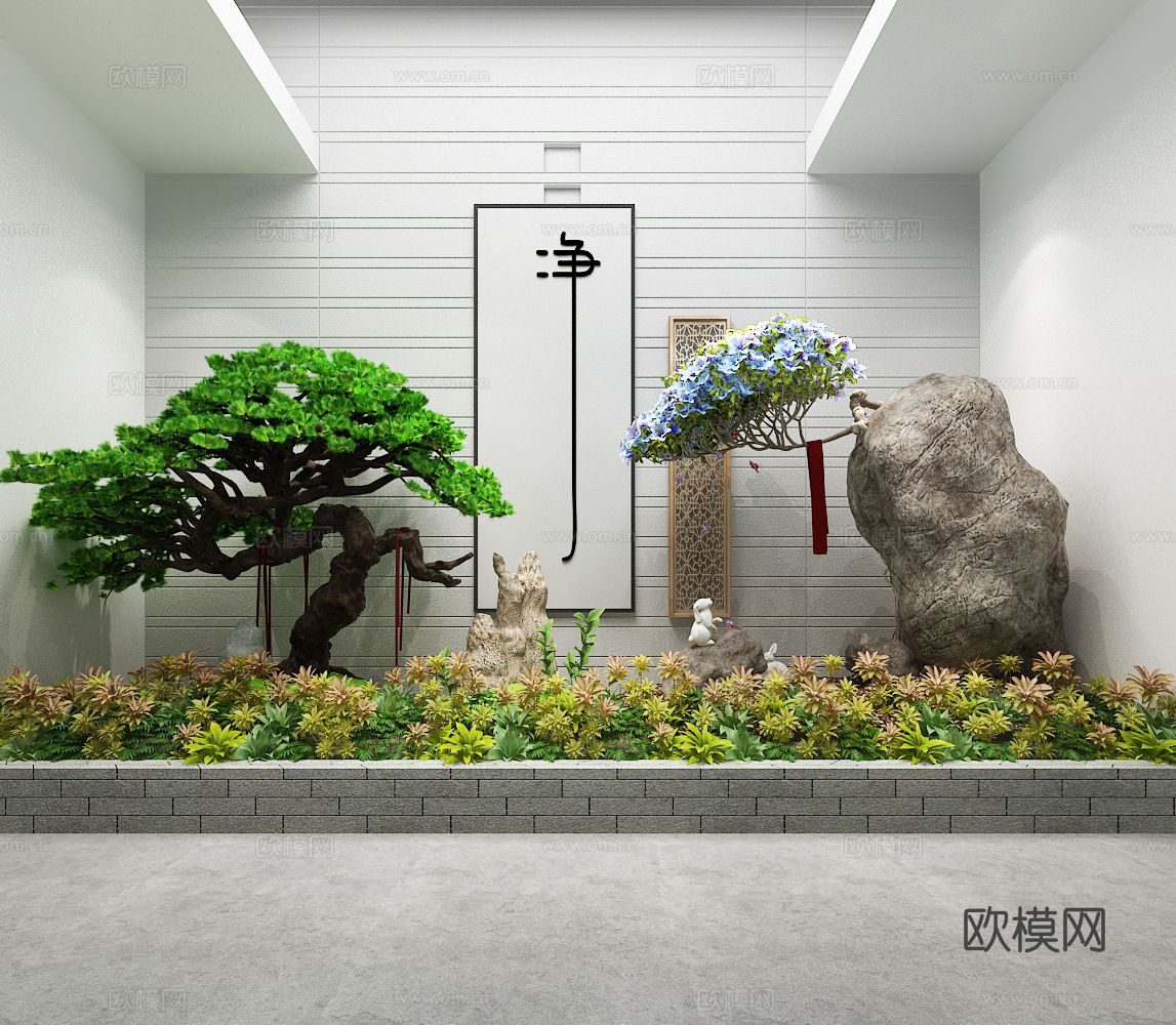 中式花团 假山 石头 花坛 植物堆3d模型