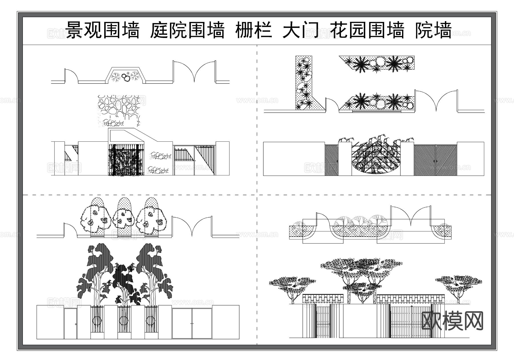 景观围墙 庭院围墙 绿植花园院墙 栅栏护栏 别墅院墙 大门cad图库