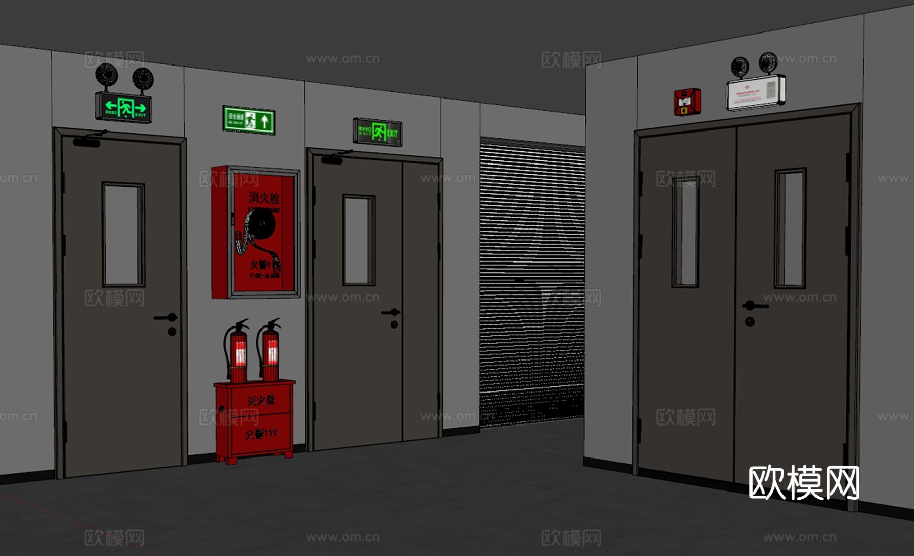 现代消防门 灭火器 安全出口 防火门 消防栓su模型
