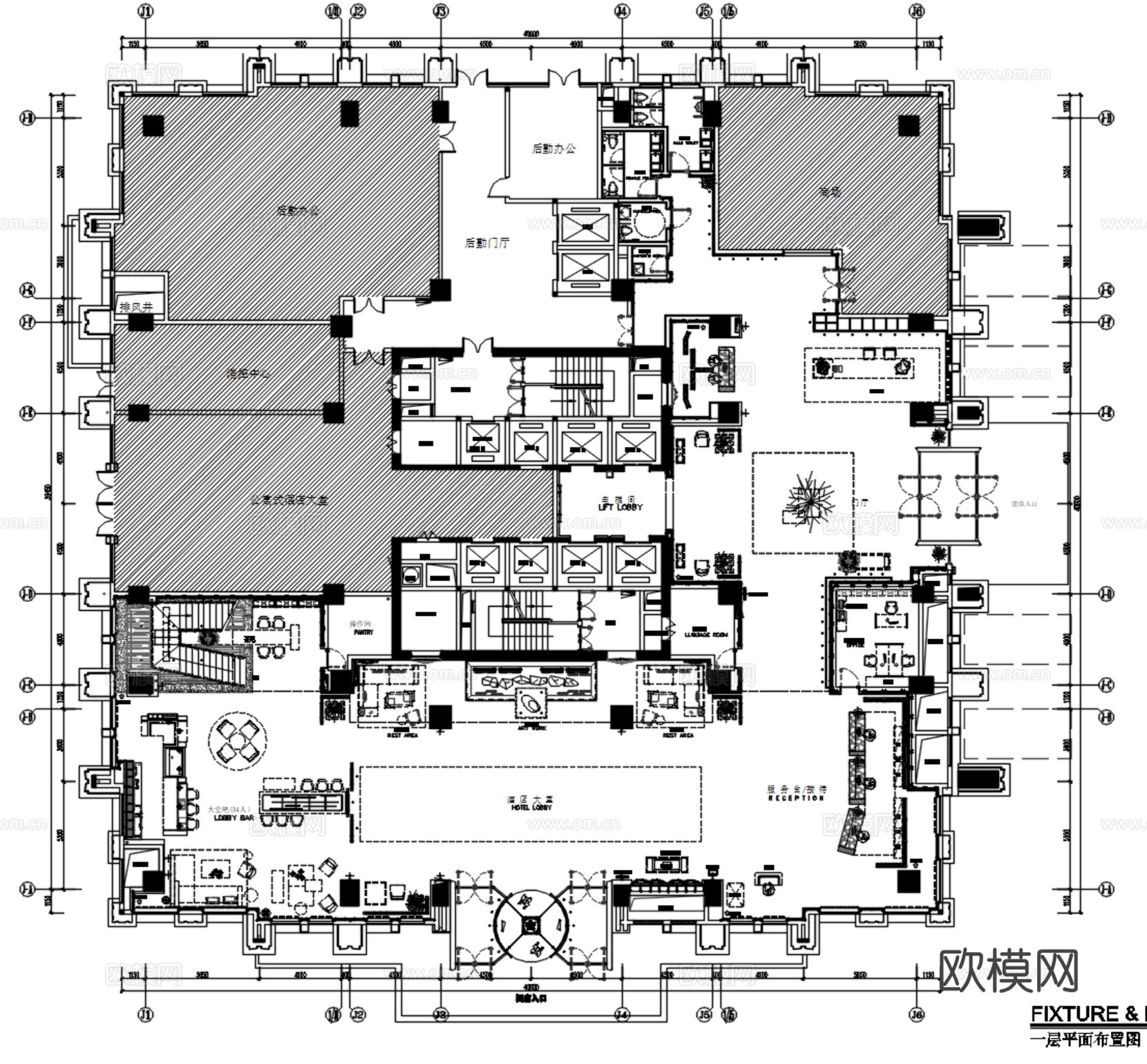 沃尔顿皇家花园 酒店首层大堂公区 CAD施工图 效果图