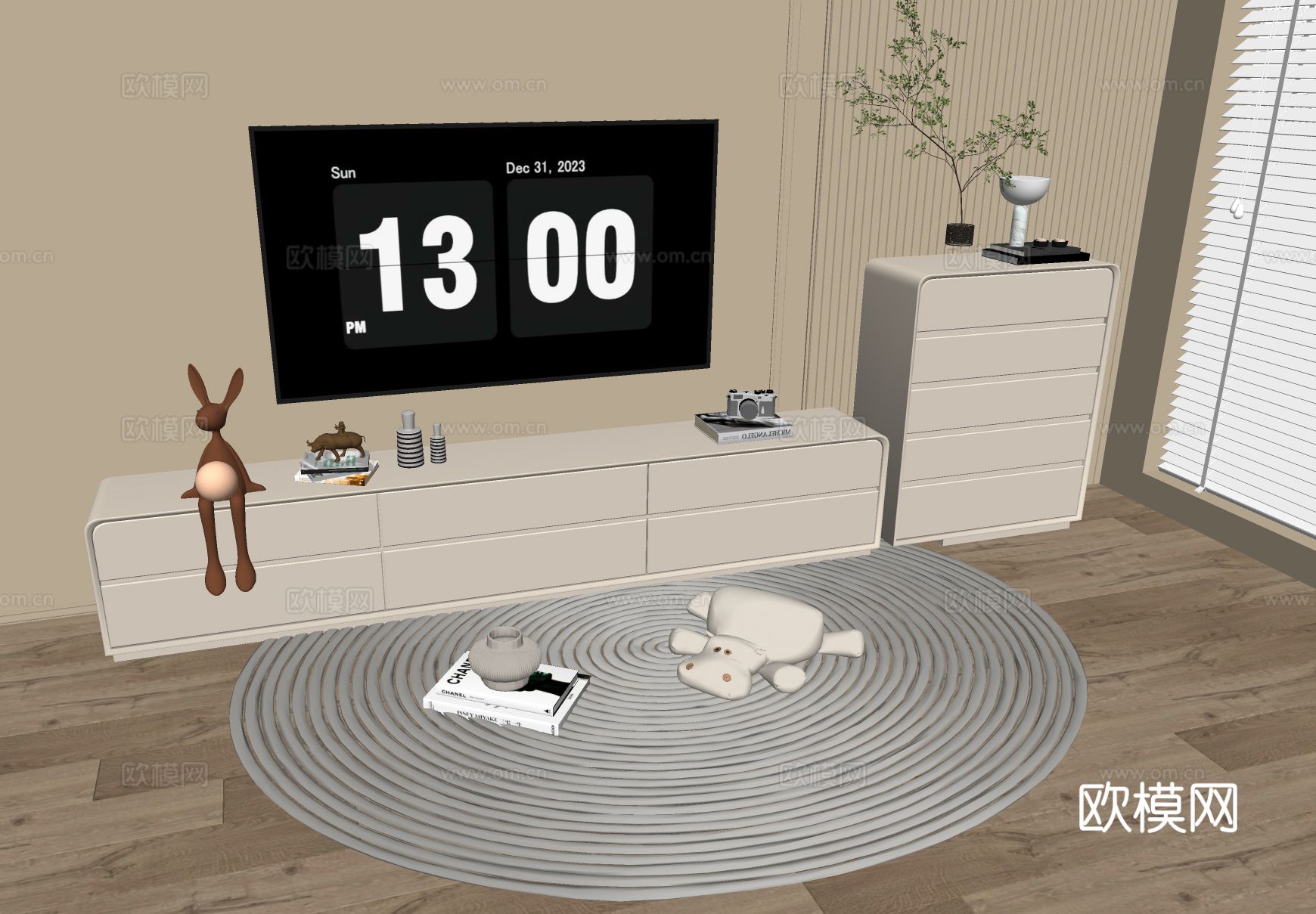 奶油风电视柜su模型下载（渲染图1）