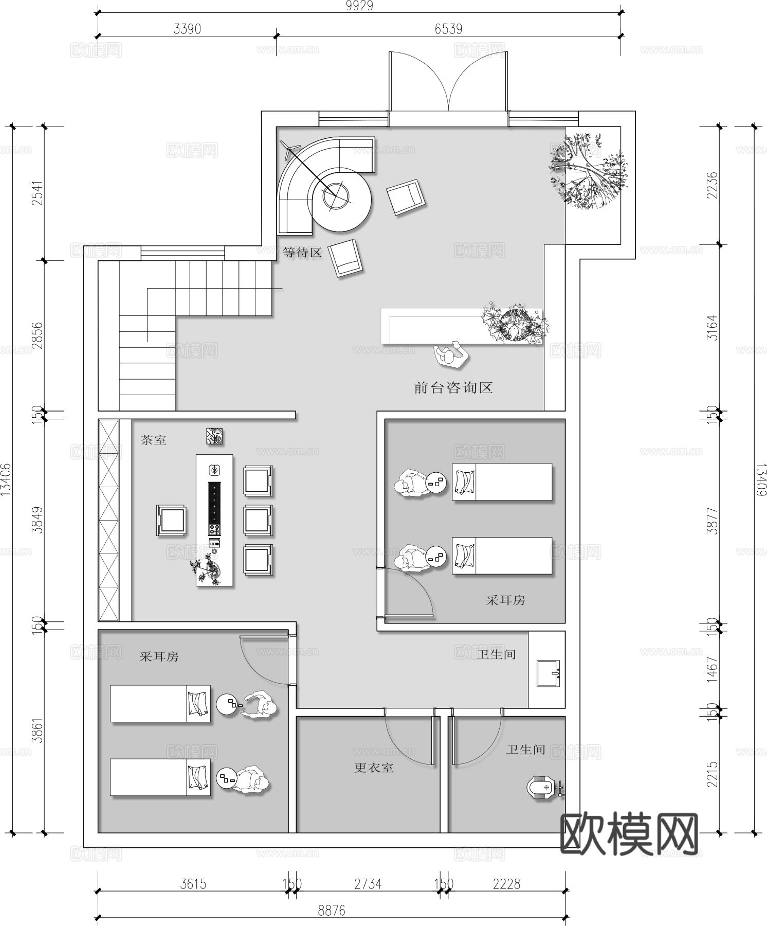 采耳店美容护肤中心cad平面图