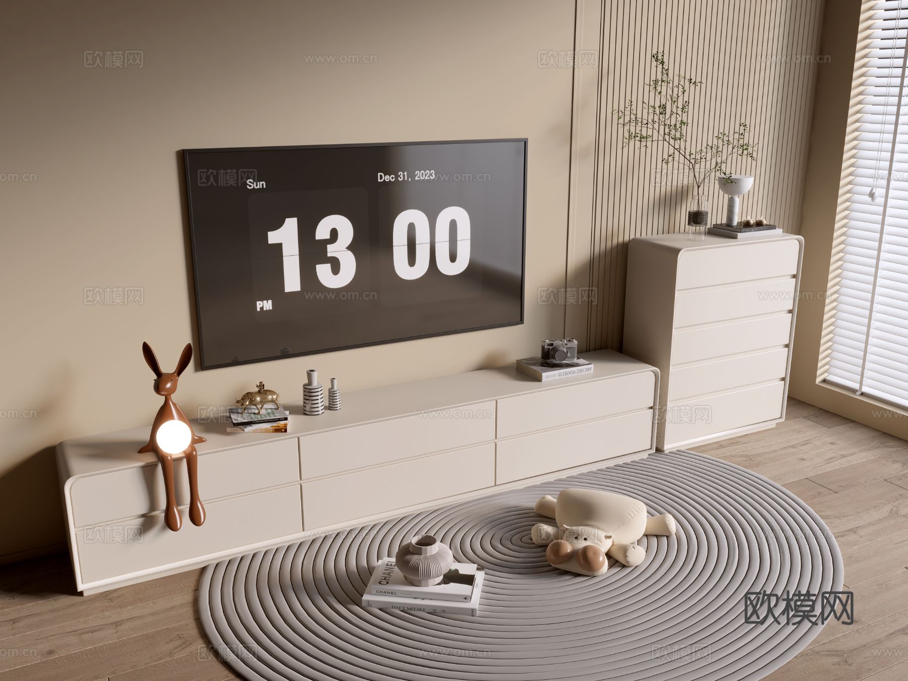 奶油风电视柜su模型下载（渲染图2）