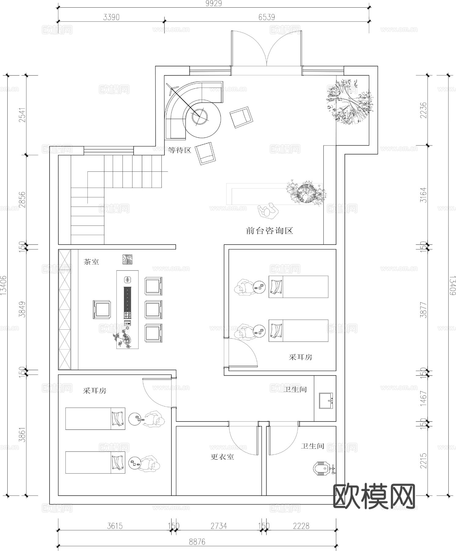 采耳店美容护肤中心cad平面图