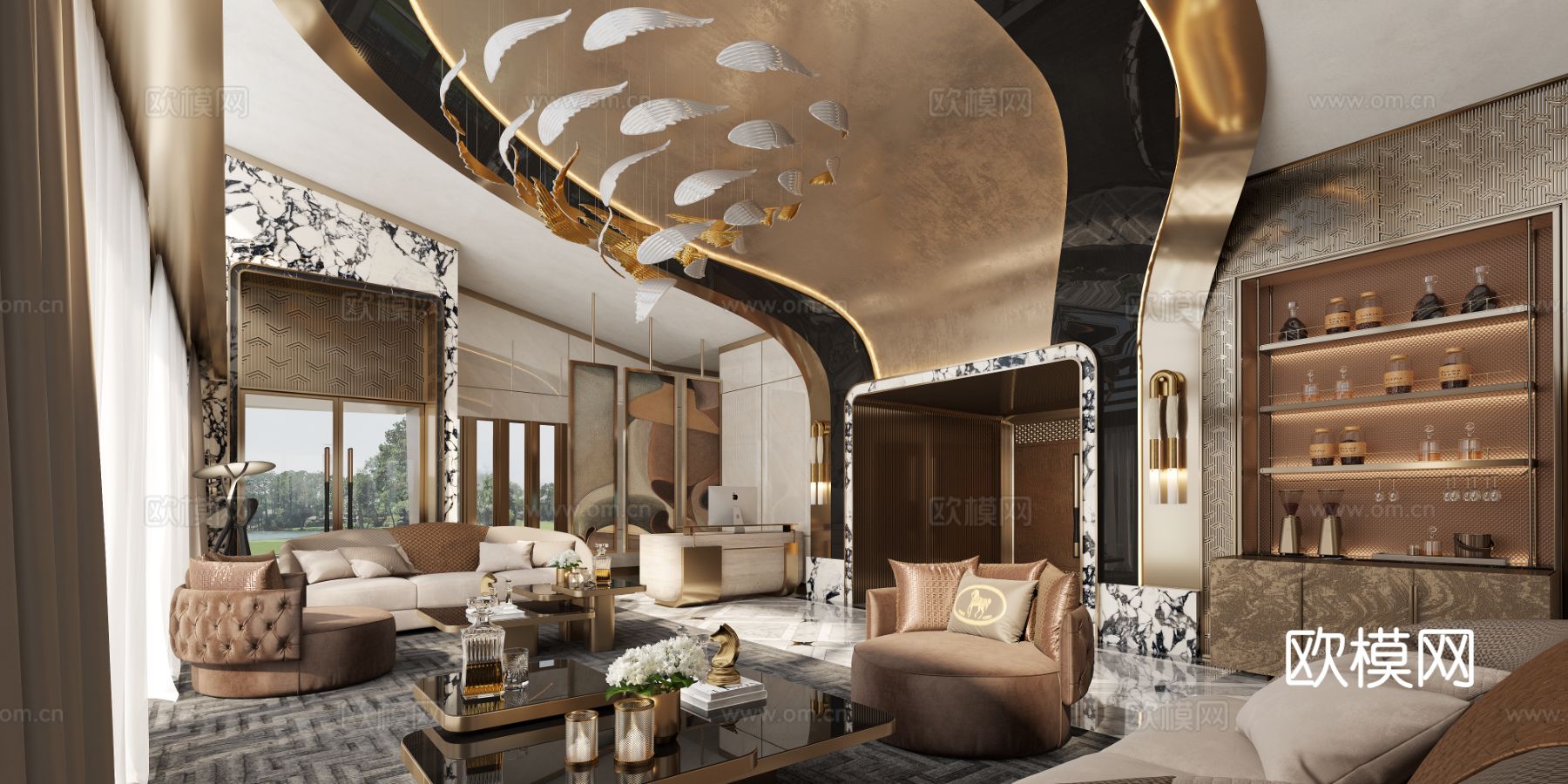 现代酒店大堂吧3d模型下载（渲染图1）