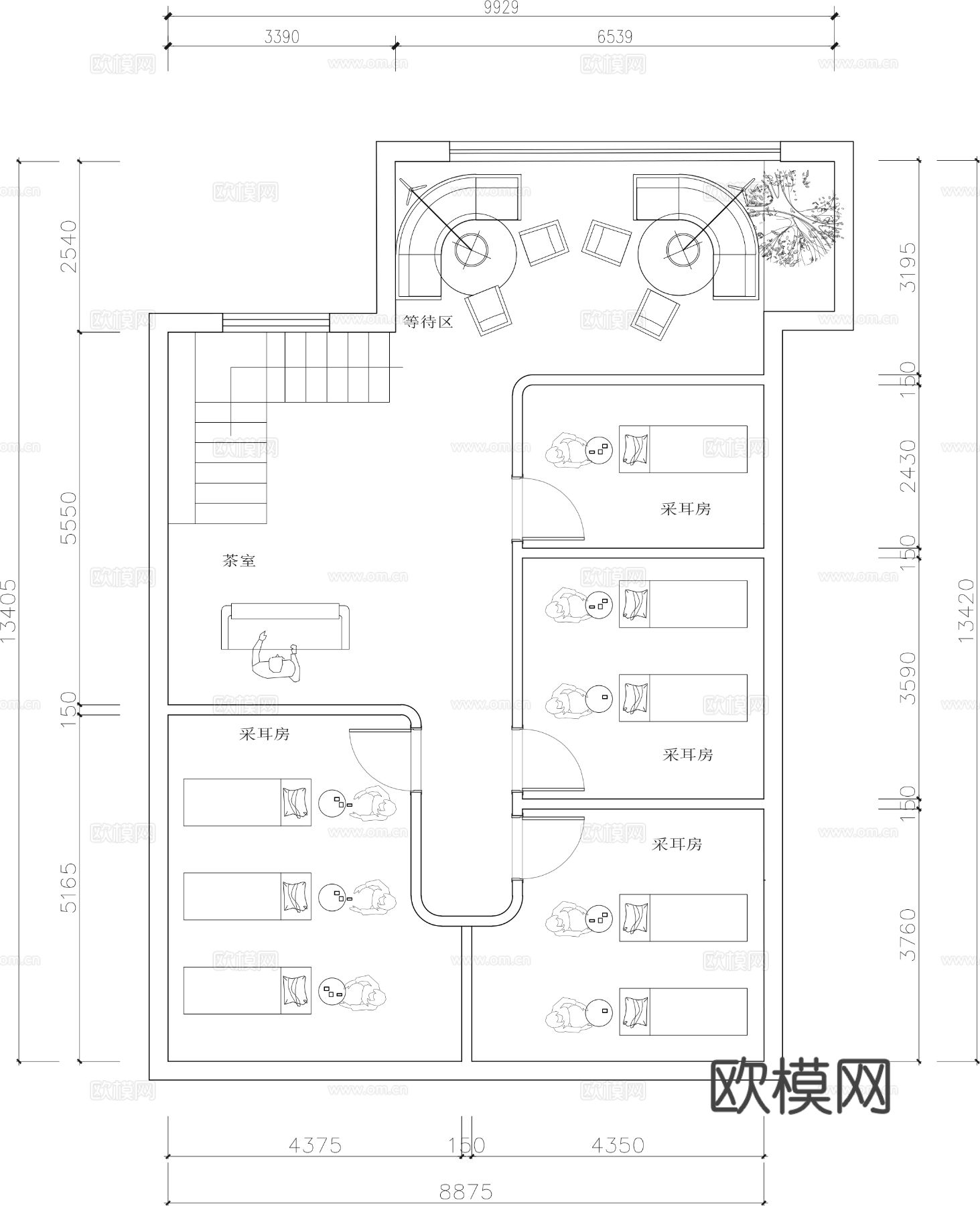 采耳店美容护肤中心cad平面图